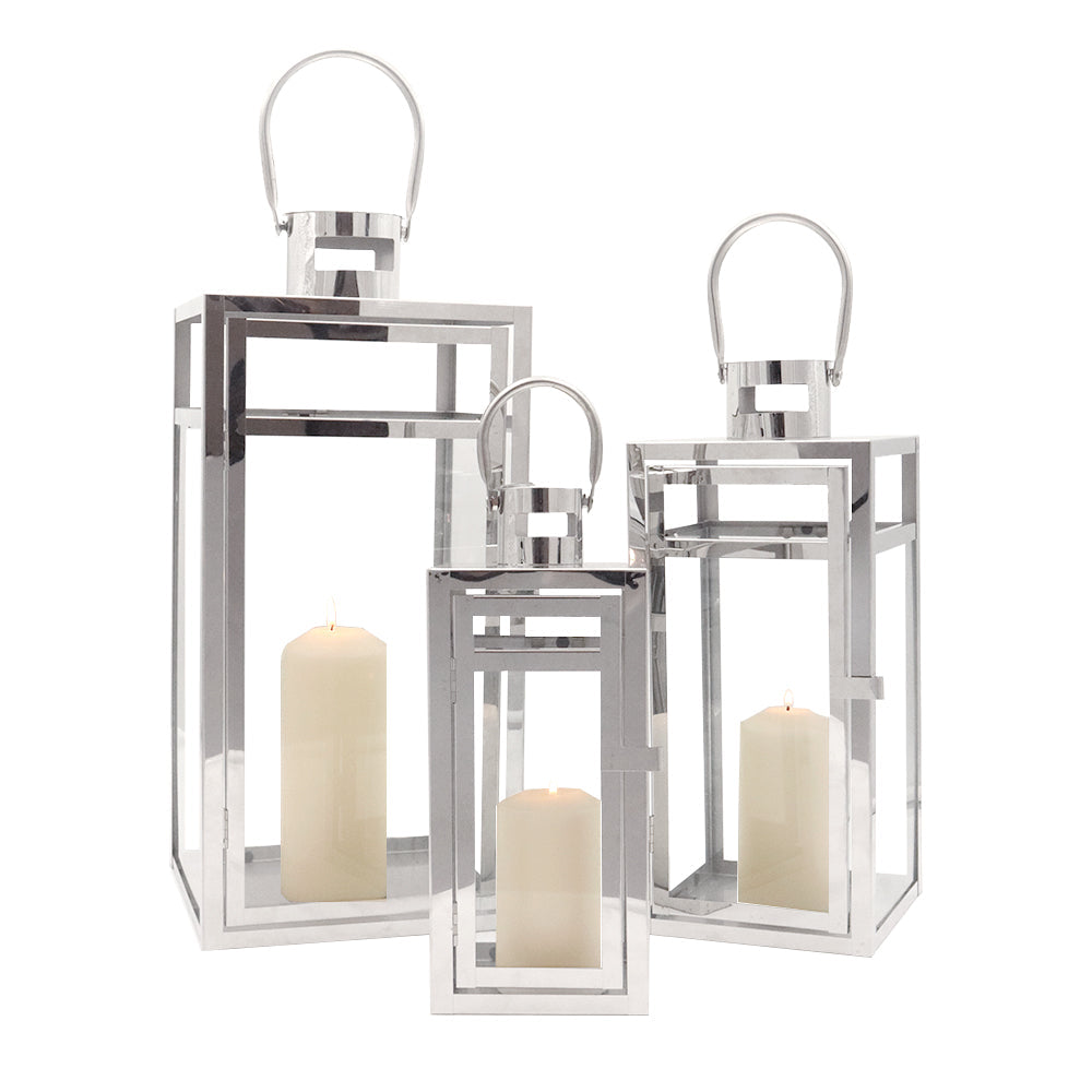 19''&15''&12'' H Stainless Steel Metal Candle Lantern  Candle Holder with Clear Glass Panels(Set of 3)-1