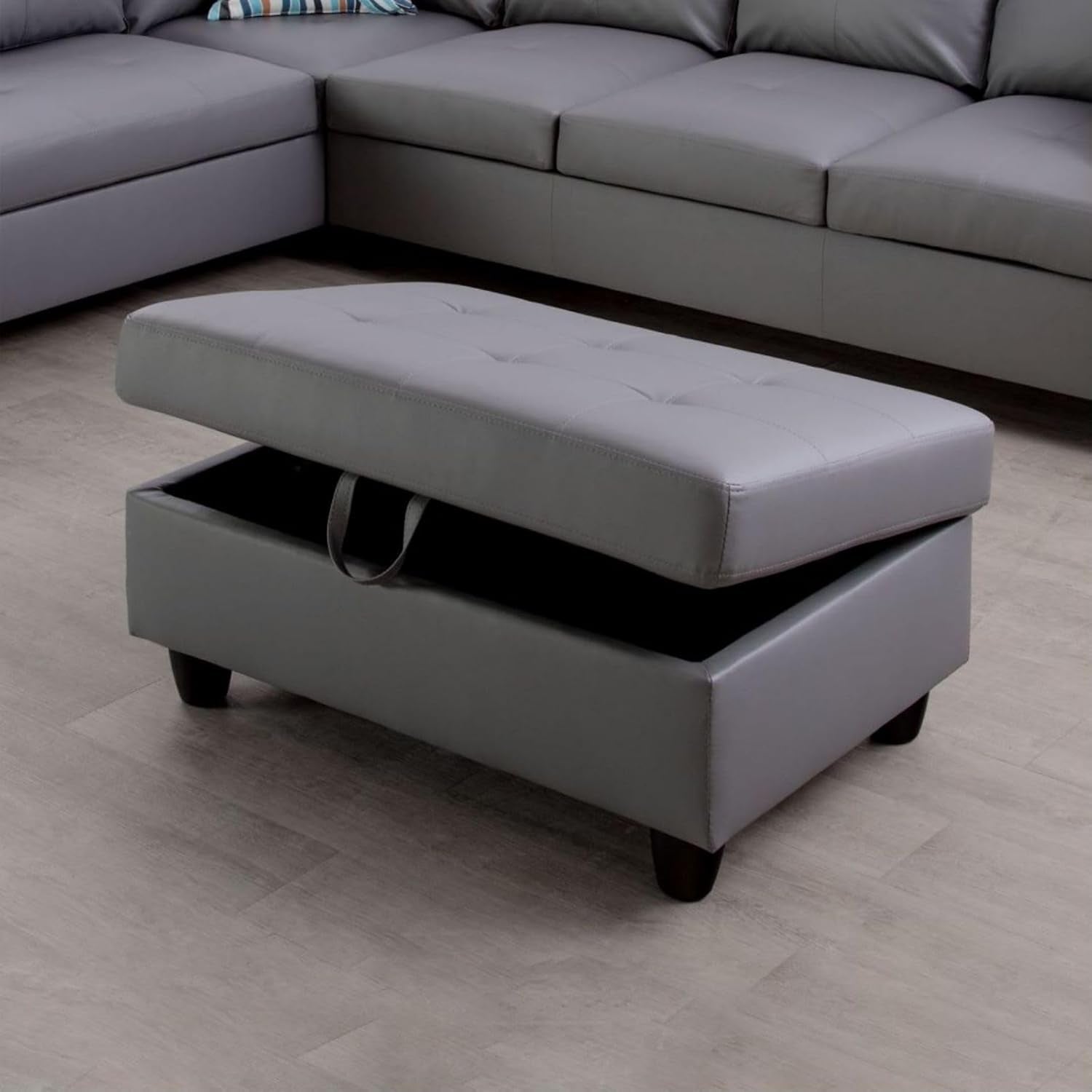 Dark Grey L Shaped PU Leather Sofa With Storage Ottoman