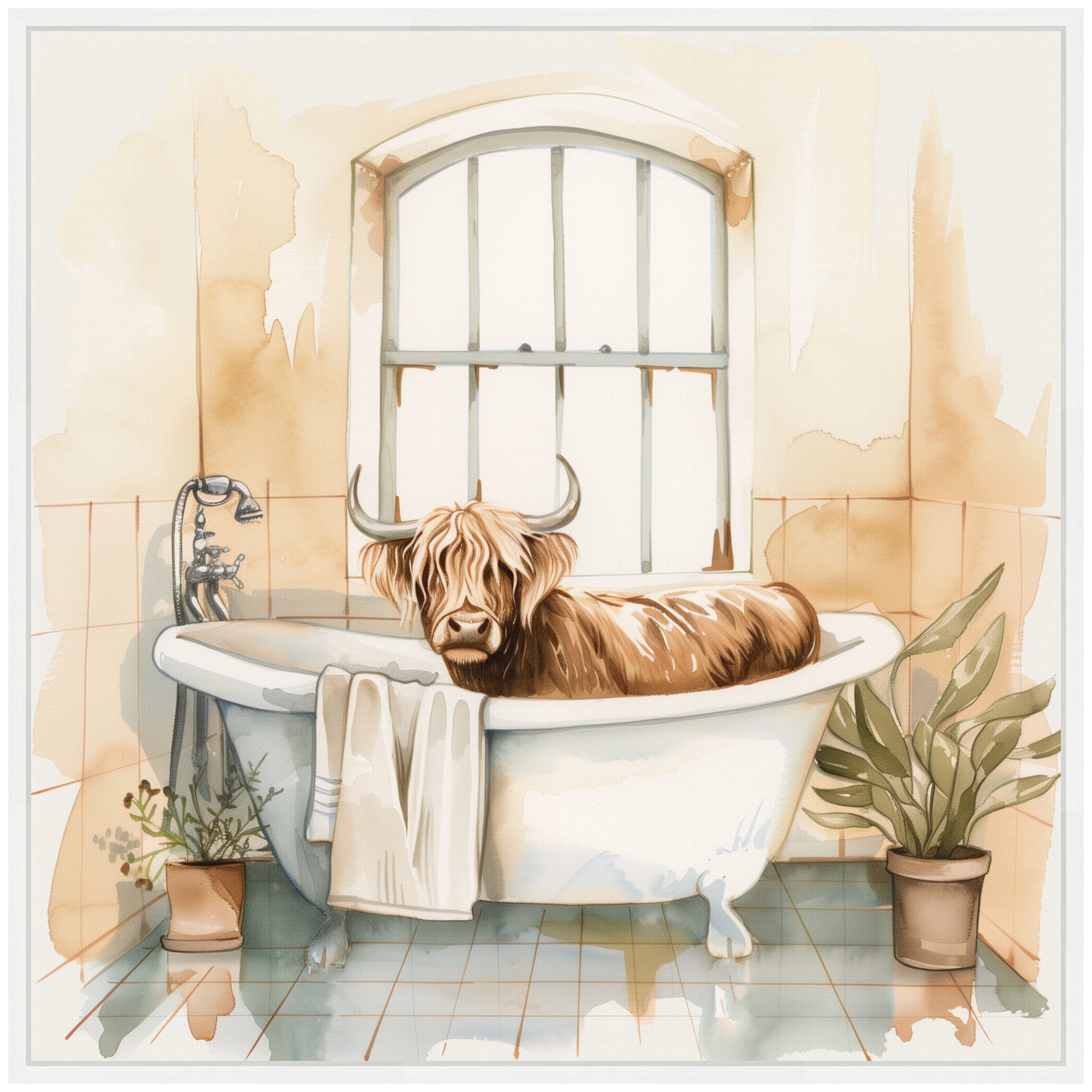 Sylvie Highland Cow Bathroom Watercolor Framed Canvas by The Creative Bunch Studio
