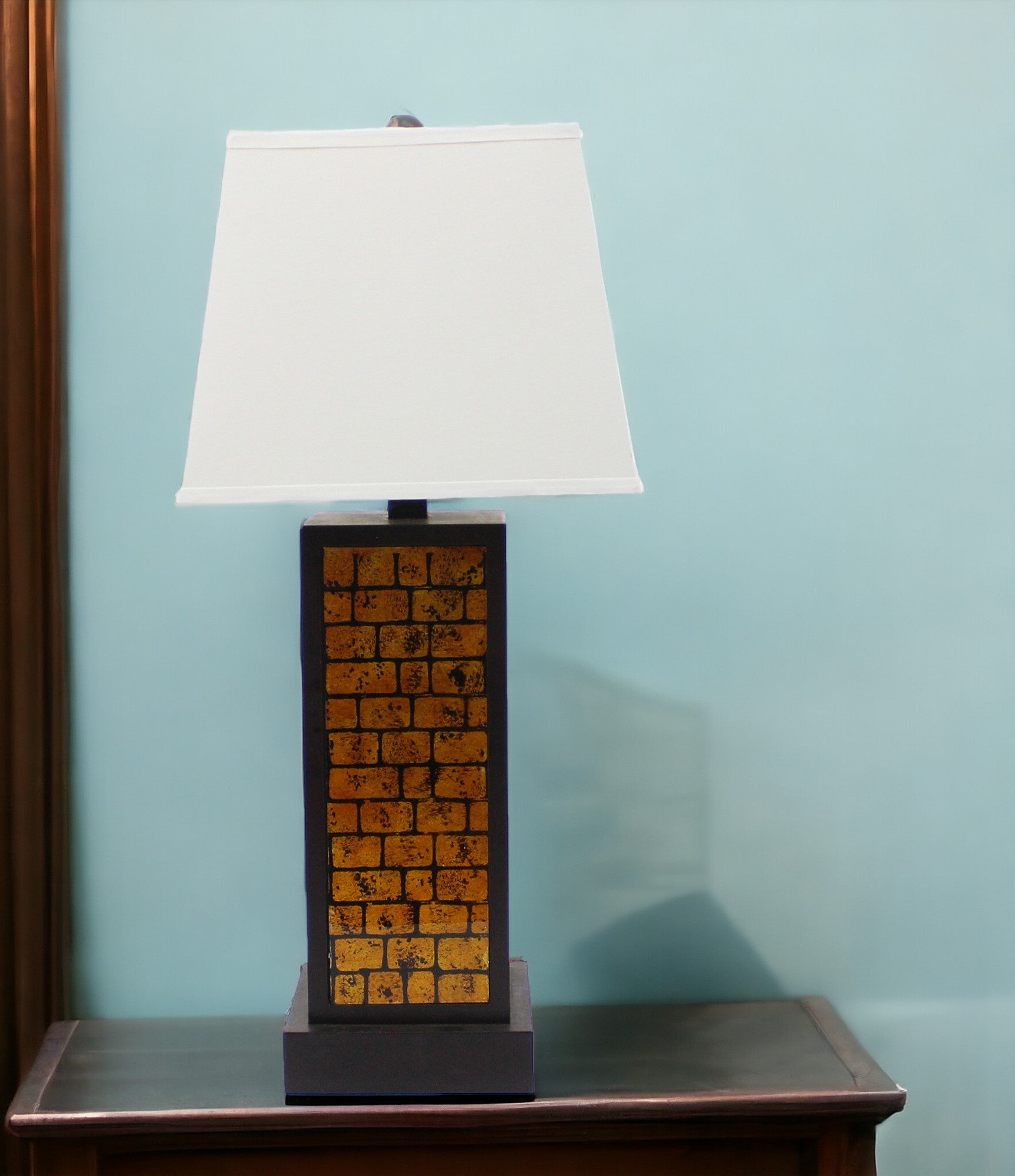 31" Black and Yellow Metal Bedside Table Lamp With White Empire Shade-0