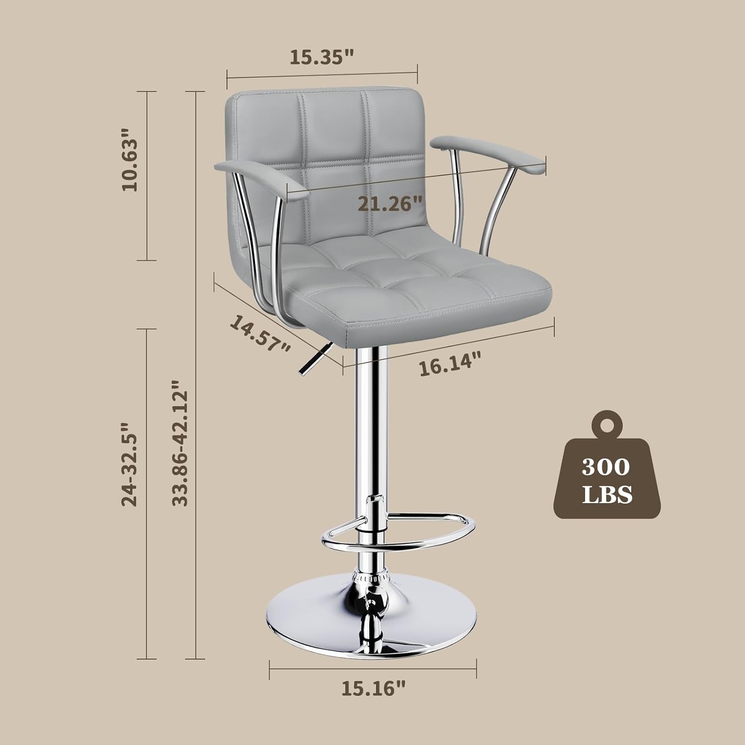 Counter Height Bar Stools Set 2 Armrest Swivel Leather Grey