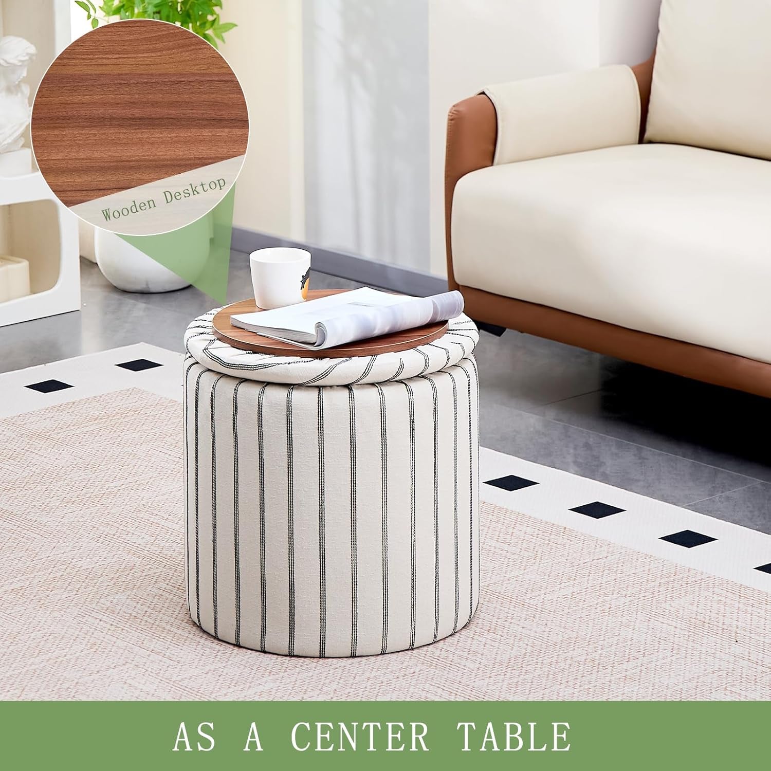 EighteenInch Round Storage Ottoman With Removable Tray