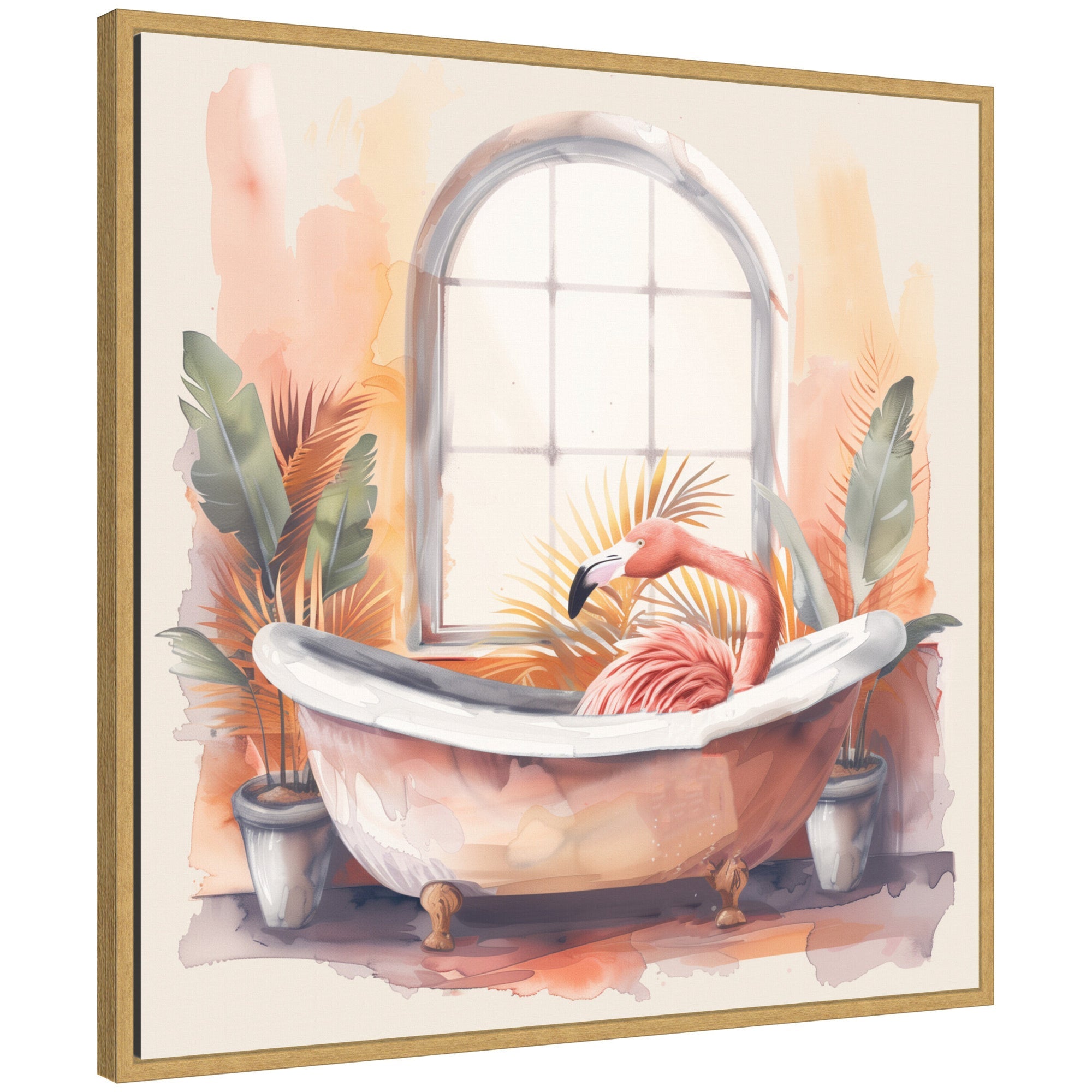 Sylvie Flamingo Bath Pastel Tropical Bathroom Watercolor Framed Canvas by The Creative Bunch Studio