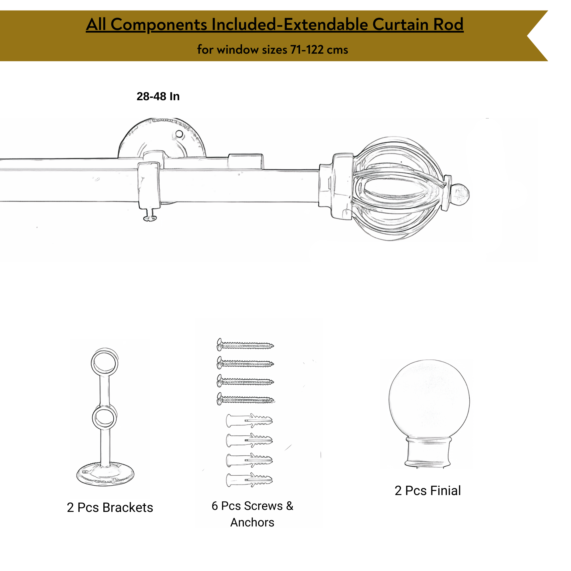 Double Curtain Pole | Gold | Extendable & Adjustable |  Basketweave Finials-4