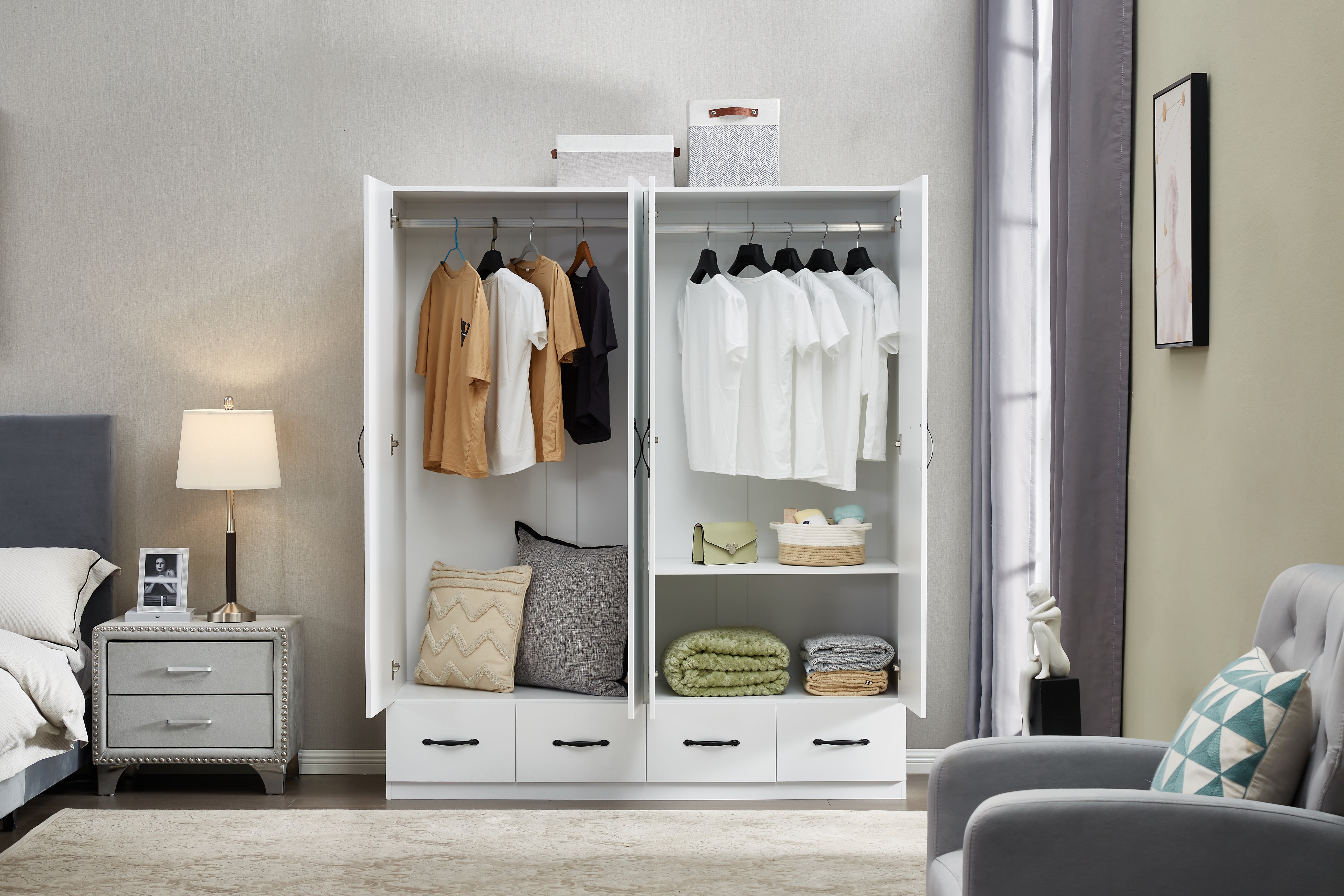 White Mirror Wardrobe Closet – 4-Door Wooden Freestanding Armoire with Shelves & Hanging Rod