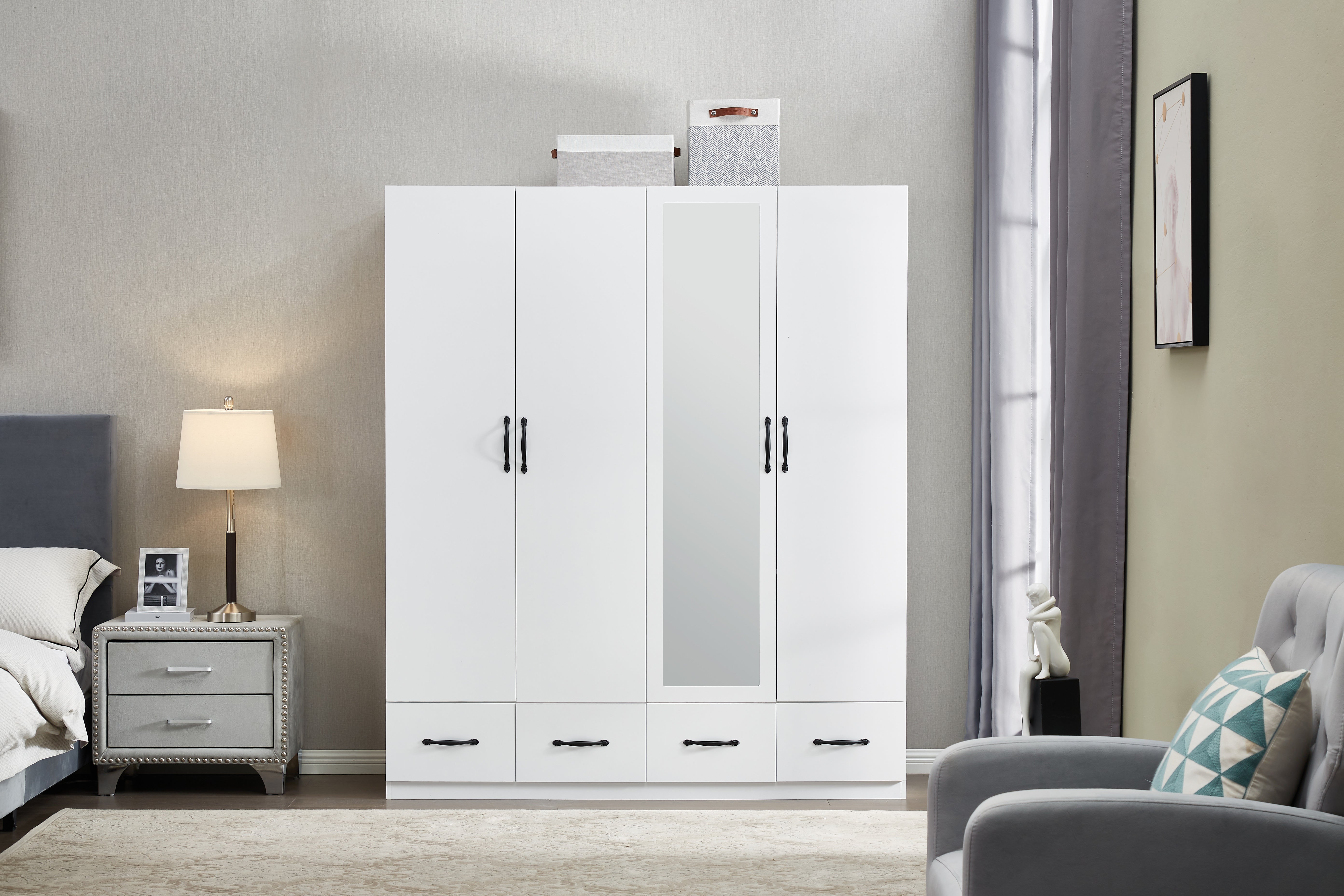 White Mirror Wardrobe Closet – 4-Door Wooden Freestanding Armoire with Shelves & Hanging Rod