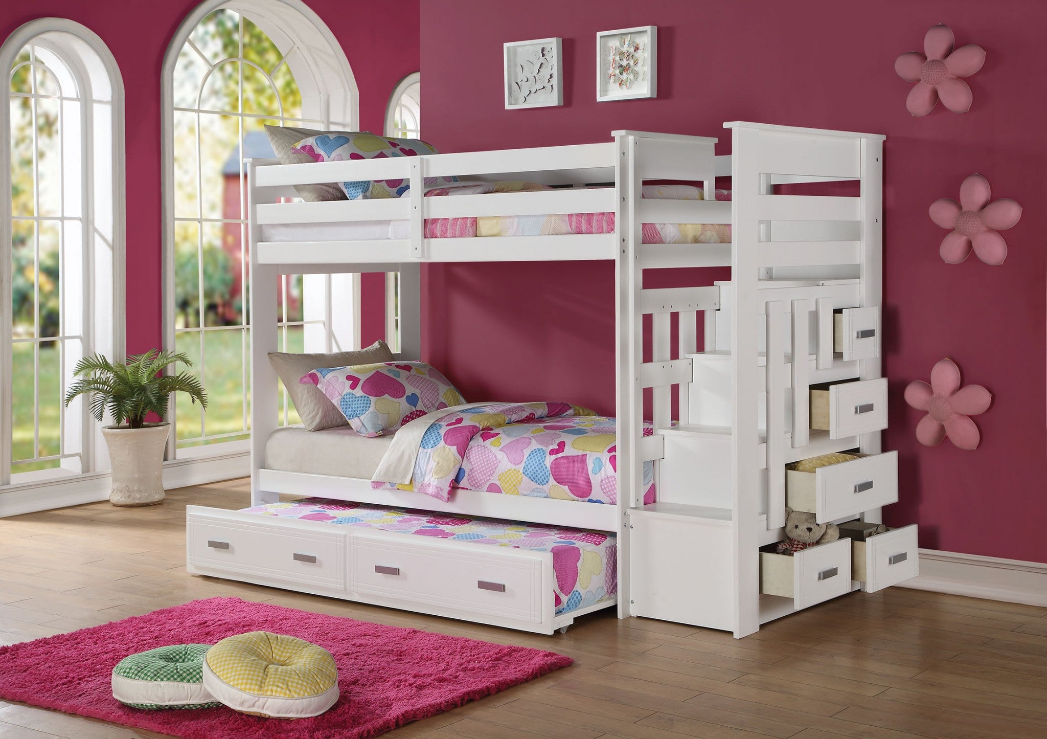 97" X 43" X 68" Twin Over Twin White Storage Ladder And Trundle  Bunk Bed-4