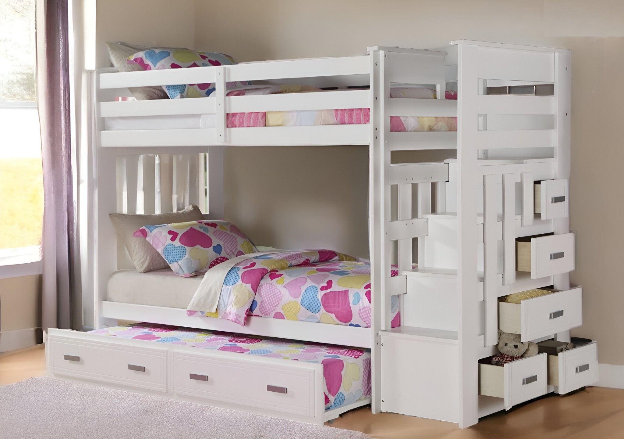 97" X 43" X 68" Twin Over Twin White Storage Ladder And Trundle  Bunk Bed-1