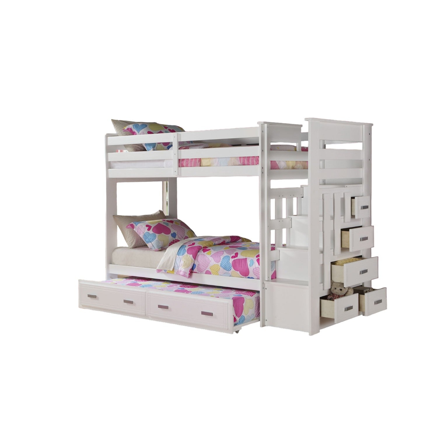 97" X 43" X 68" Twin Over Twin White Storage Ladder And Trundle  Bunk Bed-0