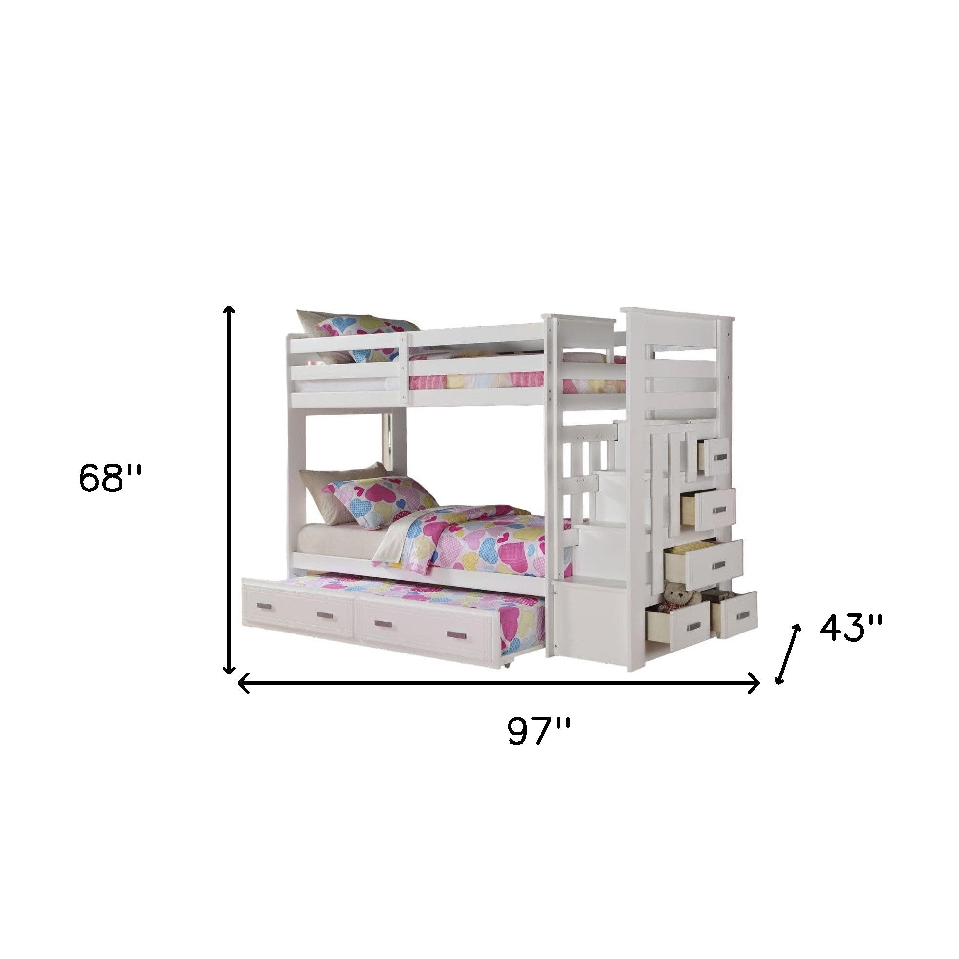 97" X 43" X 68" Twin Over Twin White Storage Ladder And Trundle  Bunk Bed-5