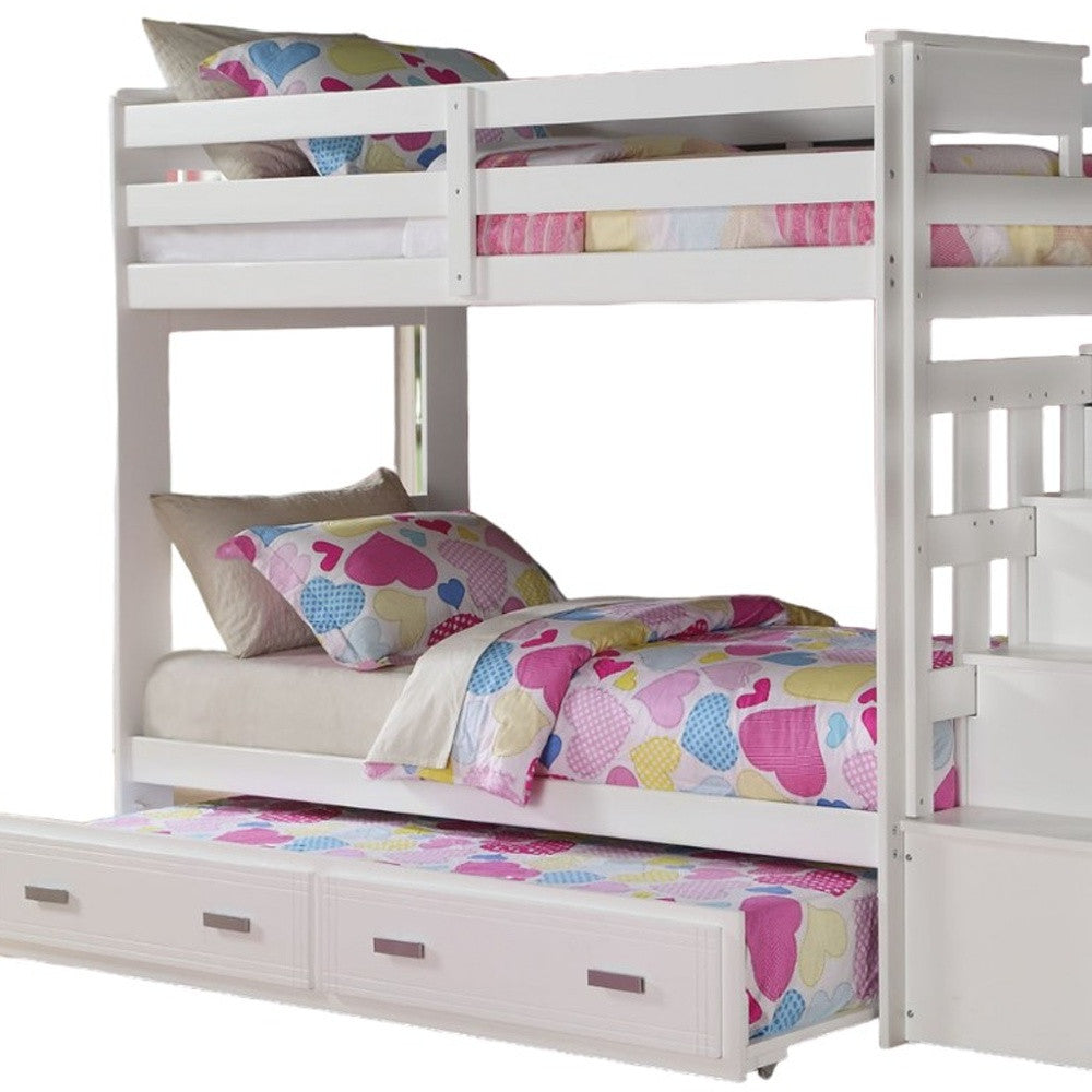 97" X 43" X 68" Twin Over Twin White Storage Ladder And Trundle  Bunk Bed-3