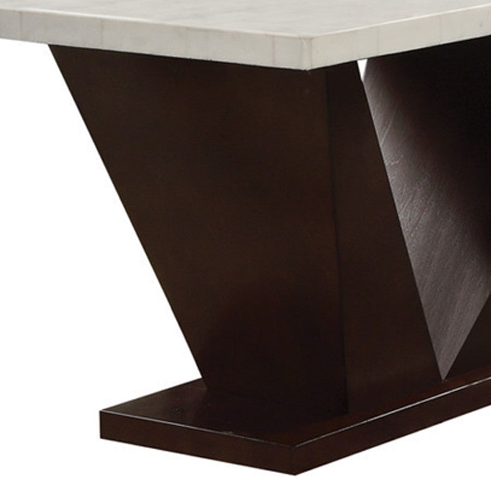 64" White And Dark Brown Marble And Solid Manufactured Wood Pedestal Base Dining Table-5