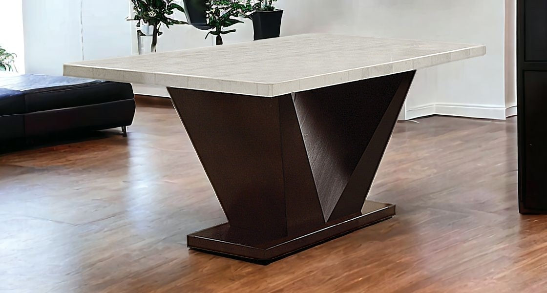 64" White And Dark Brown Marble And Solid Manufactured Wood Pedestal Base Dining Table-0