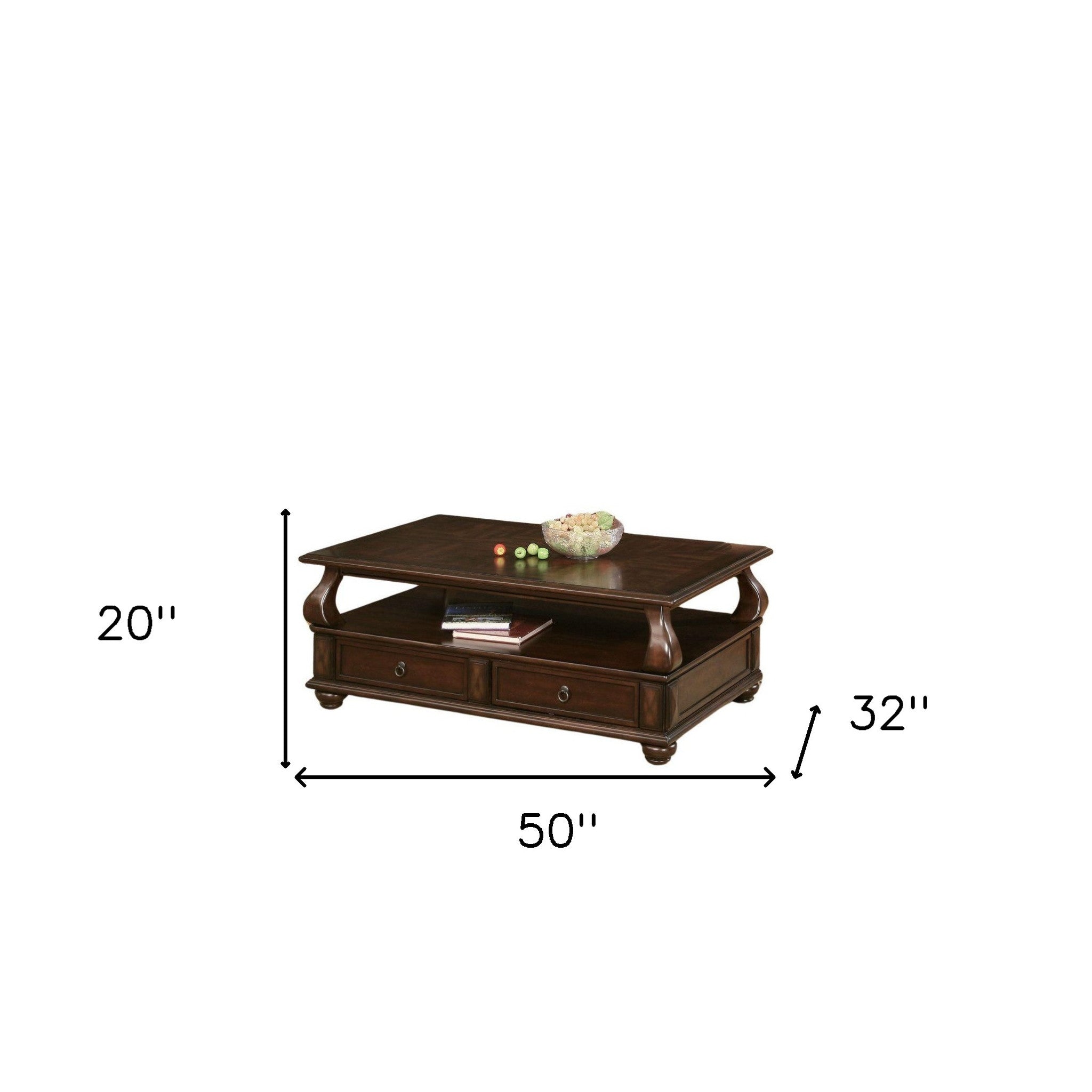 50" Dark Brown Solid Wood Coffee Table With Two Drawers And Shelf-4