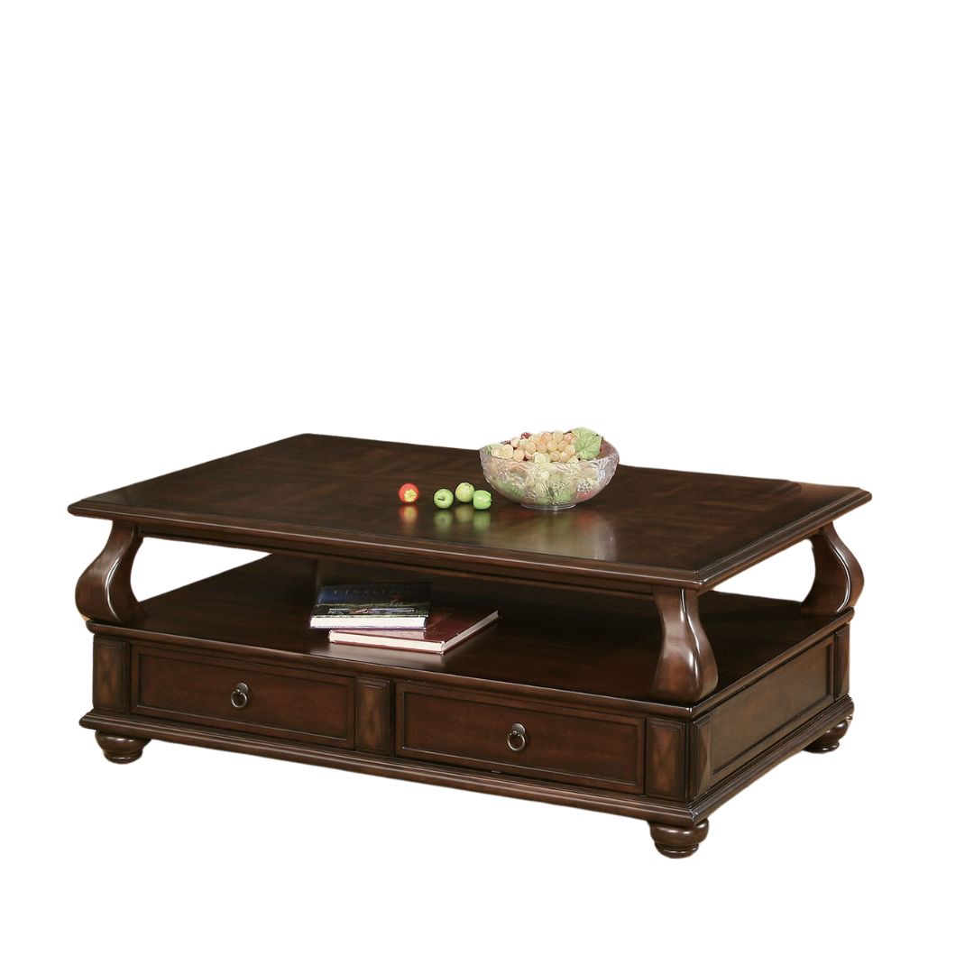 50" Dark Brown Solid Wood Coffee Table With Two Drawers And Shelf-0