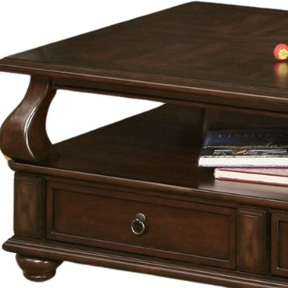 50" Dark Brown Solid Wood Coffee Table With Two Drawers And Shelf-2