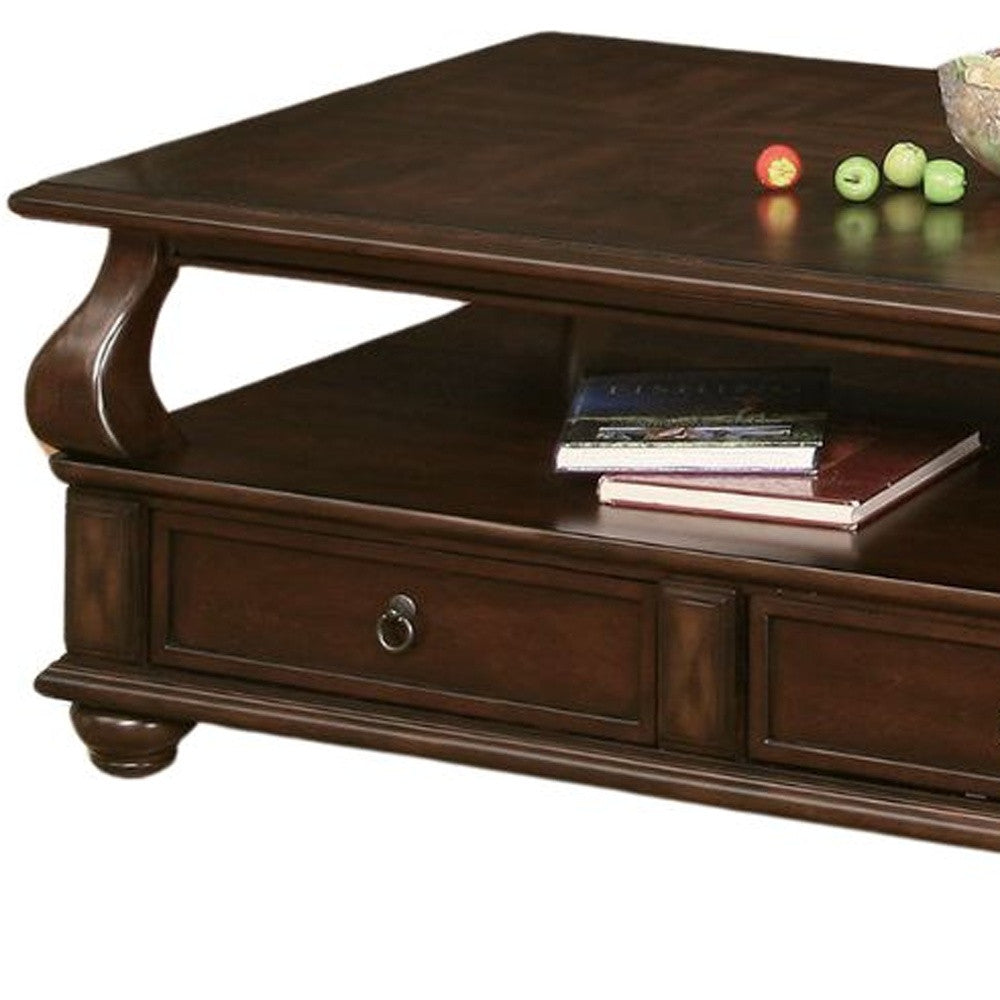 50" Dark Brown Solid Wood Coffee Table With Two Drawers And Shelf-3