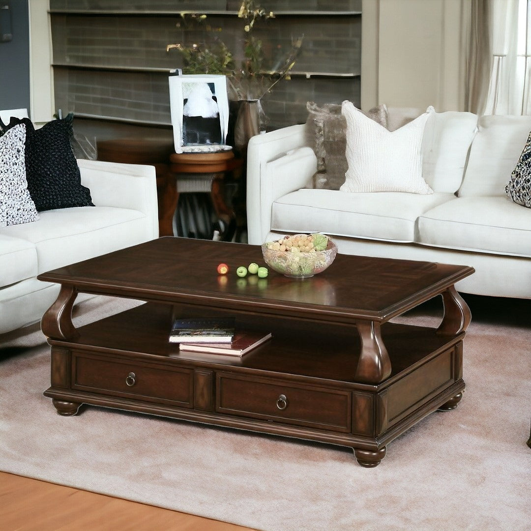 50" Dark Brown Solid Wood Coffee Table With Two Drawers And Shelf-1