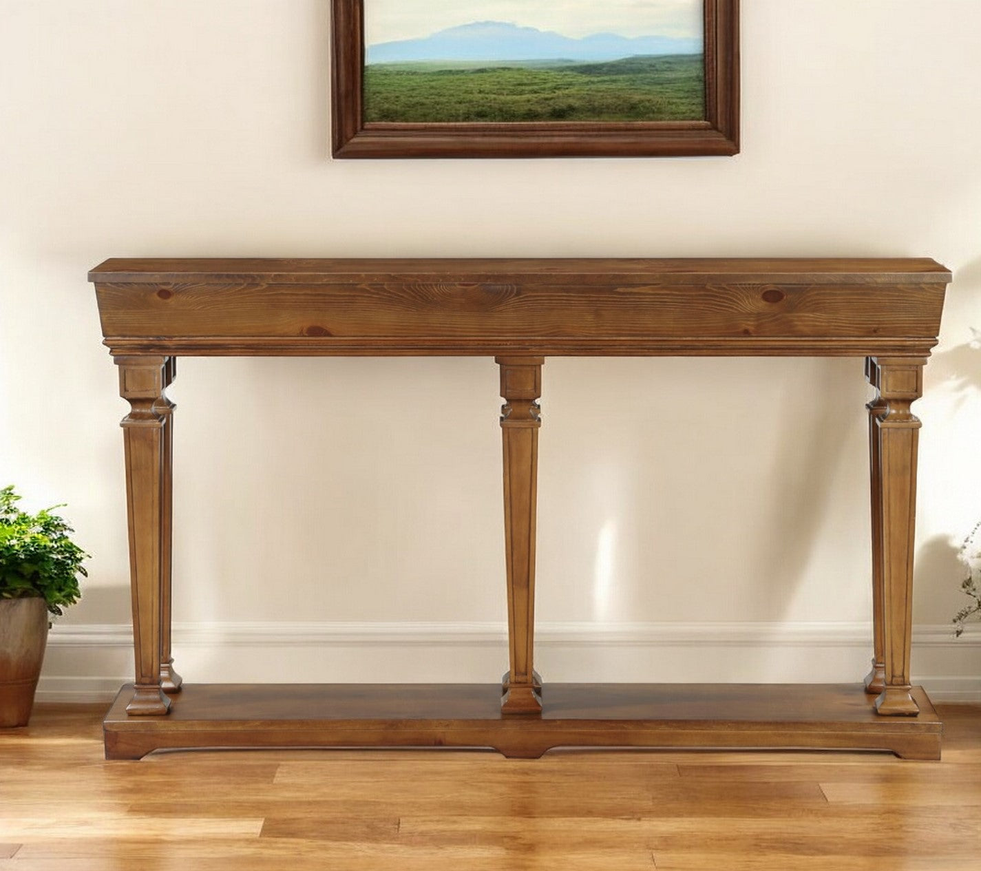 72" Oak Wood Floor Shelf Console Table With Shelves-0