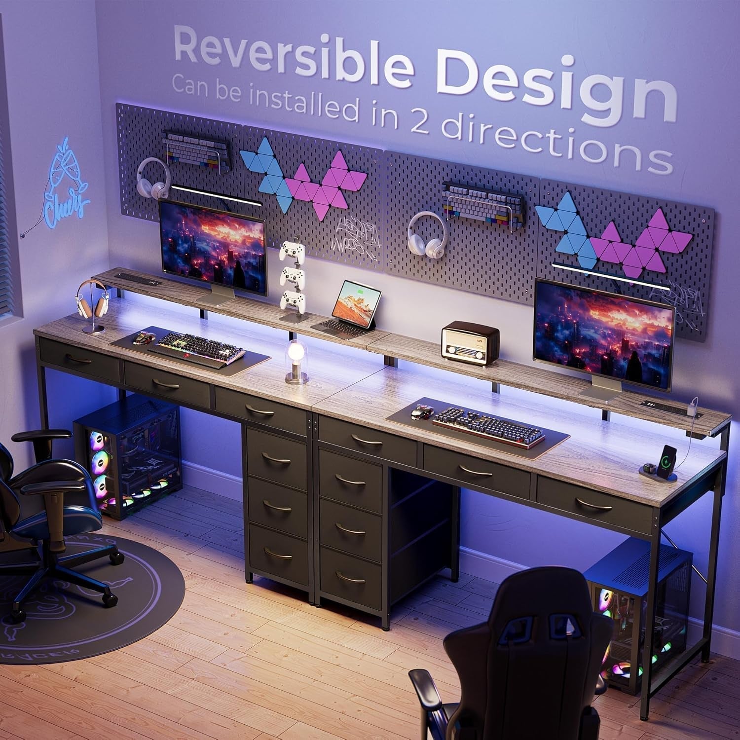 47 Inch Grey Gaming Desk With LED Lights And Drawers