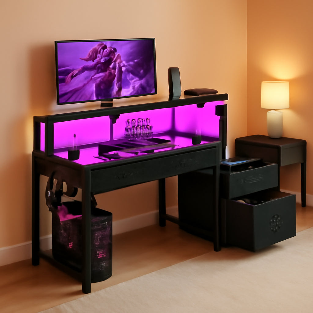 48-Inch Black Gaming Desk With LED Lights And Power Outlets