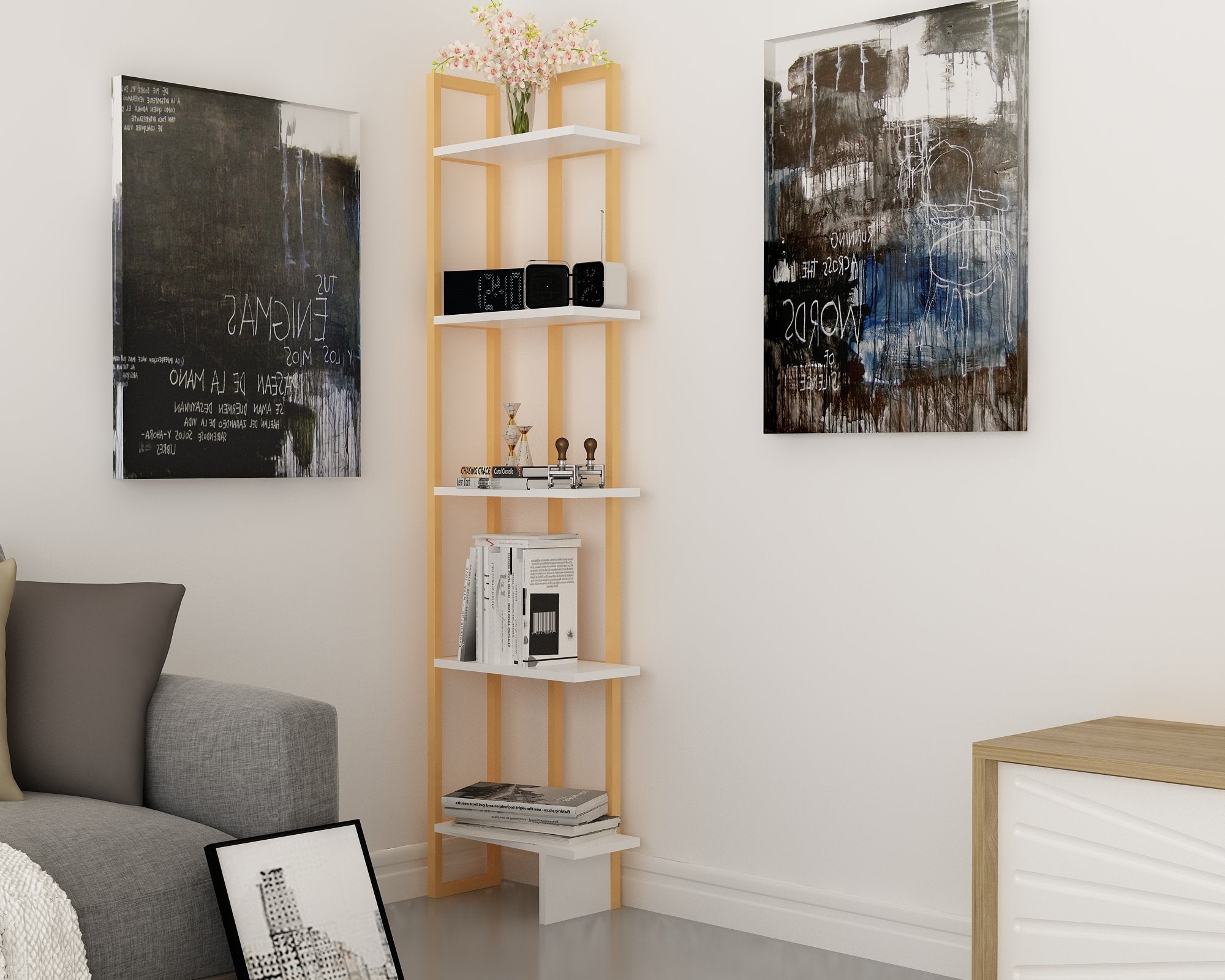 Alice 71" Tall Metal Manufactured Wood Bookcase | Corner Bookcase
