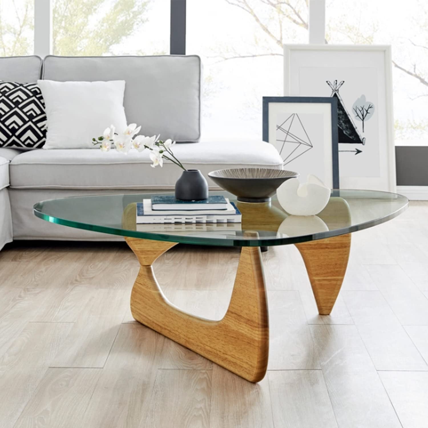 Mid Century Glass Top End Table With Light Walnut Finish