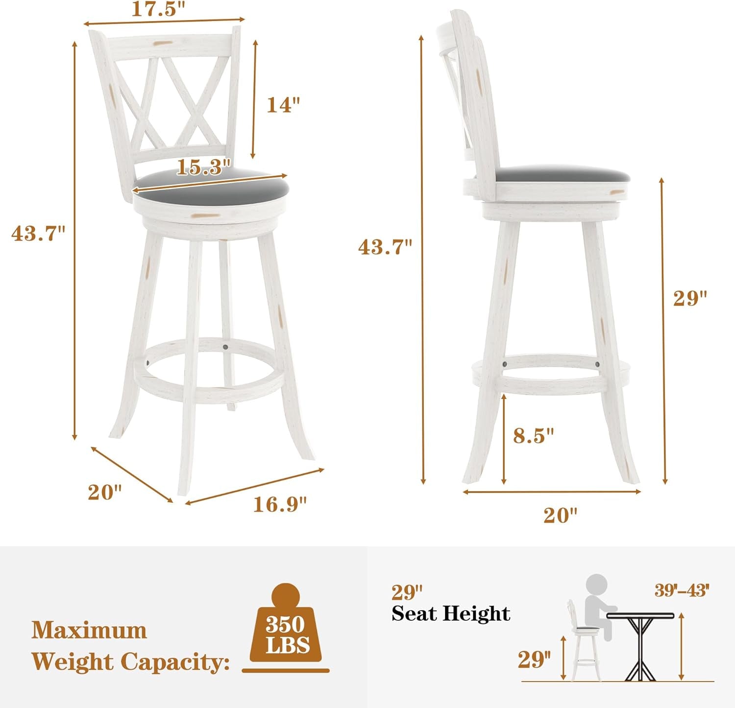 29 Inch Bar Height Swivel Stool Antique White Set Of 2 With Upholstered Seat And Comfortable Padding