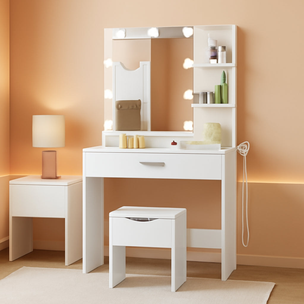 White Vanity Set With Lighted Mirror And Built In Power