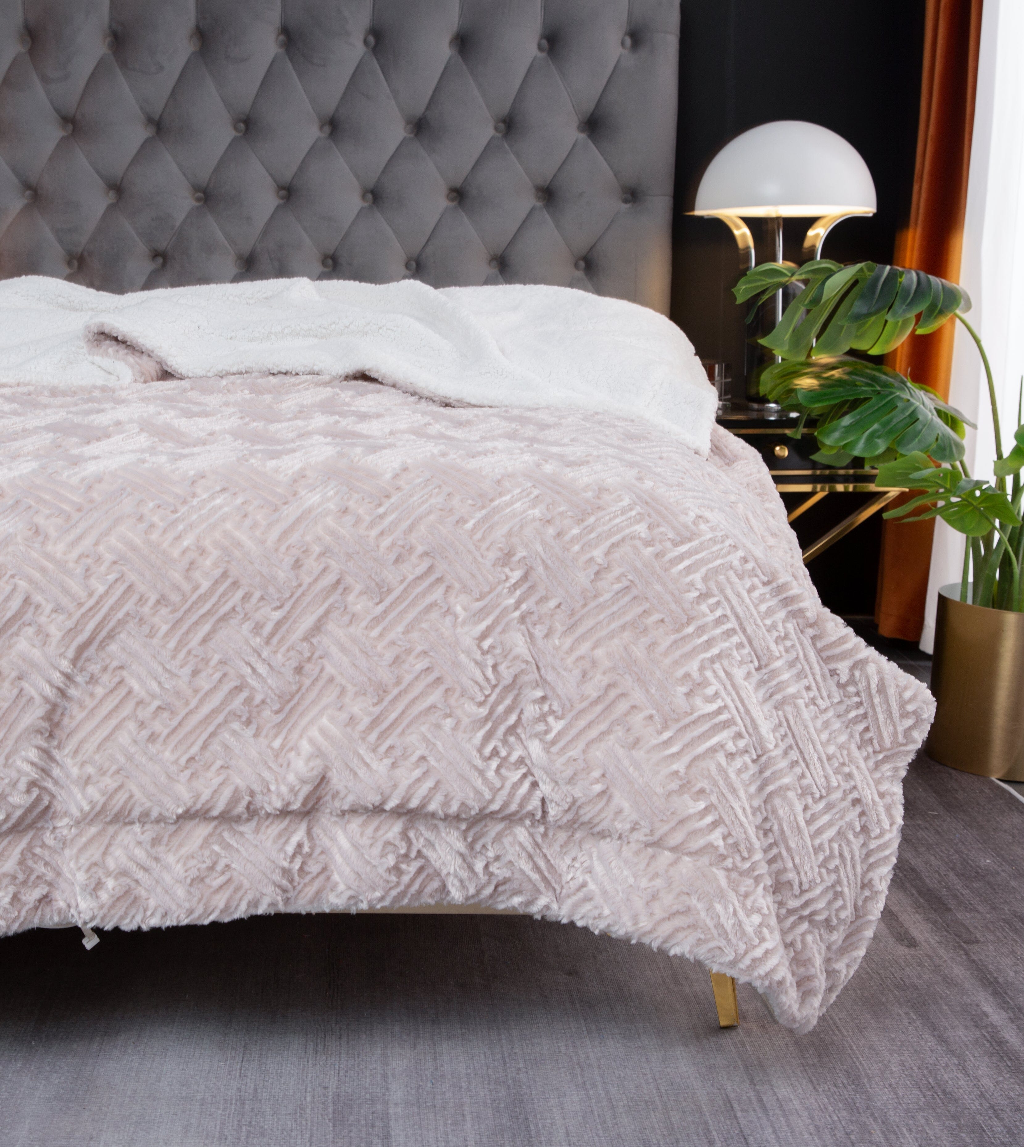 DaDalogy Bedding Lavender Grey Faux Fur Throw Blanket - Dreamy Geometric Embossed Sherpa Backside - Super Soft Warm Cozy Plush Fluffy