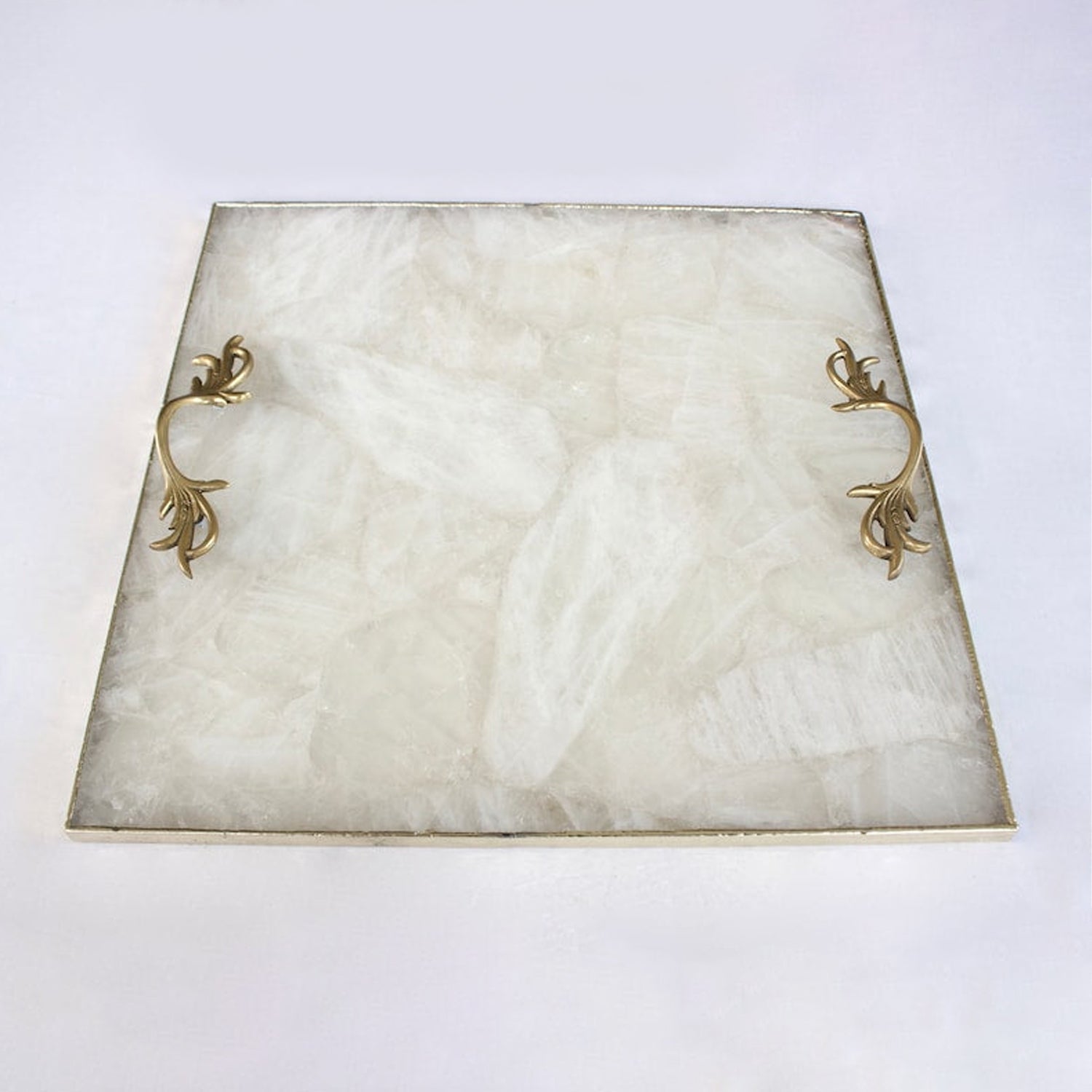 White Agate Serving Tray With Brass Handles | Square-1