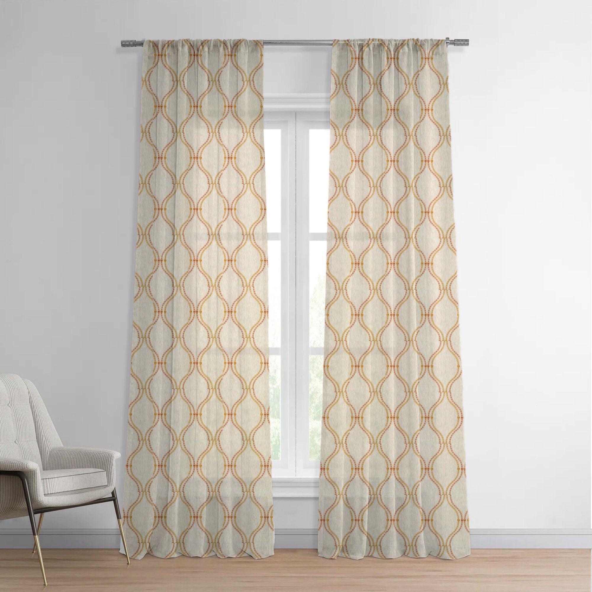 Tan Linen Sheer Curtains | Ogee Trellis Embroidery | Custom Sizes & Headings-0