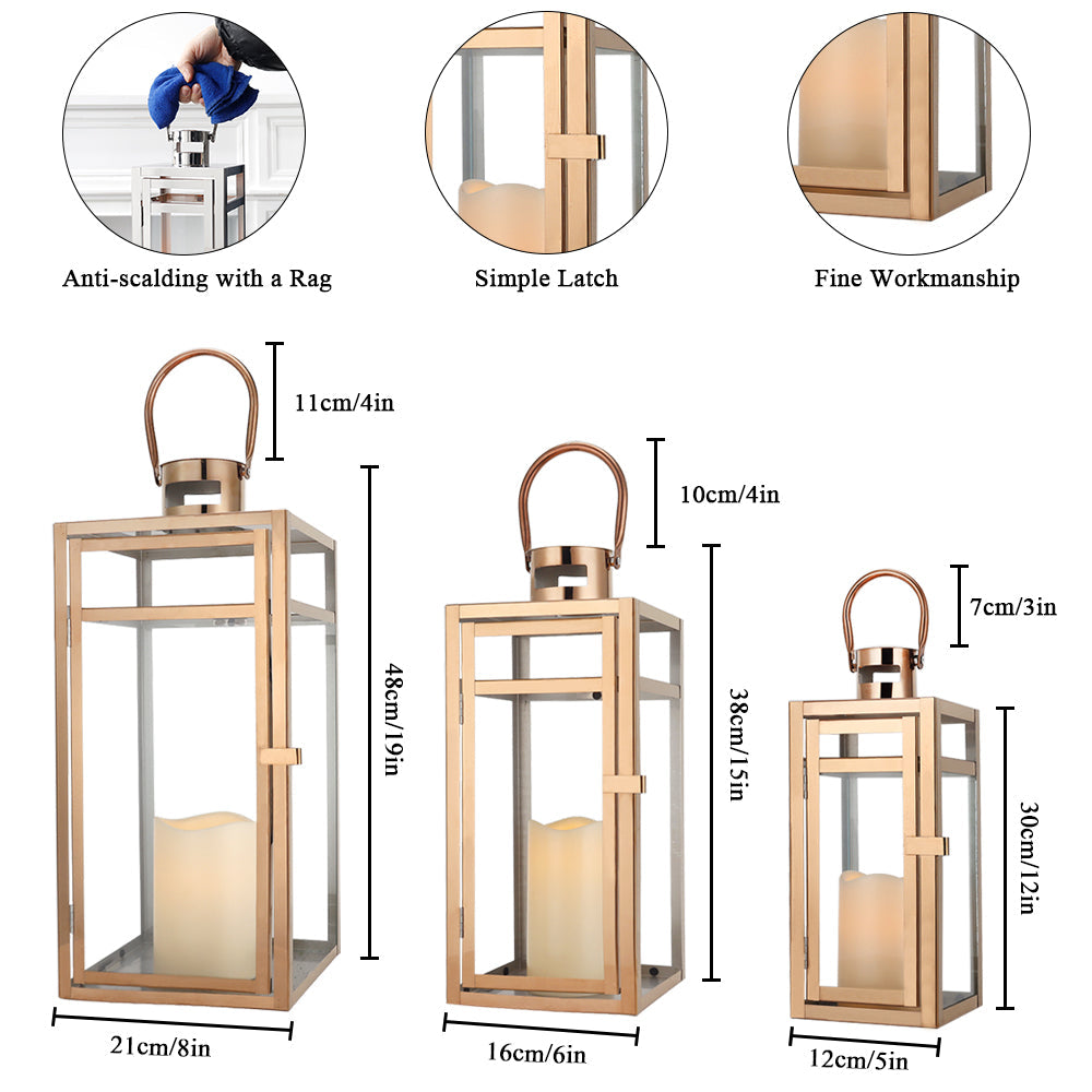 19''&15''&12'' H Stainless Steel Metal Candle Lantern  Candle Holder with Temper Glass Panels(Set of 3 Rose Gold)-3