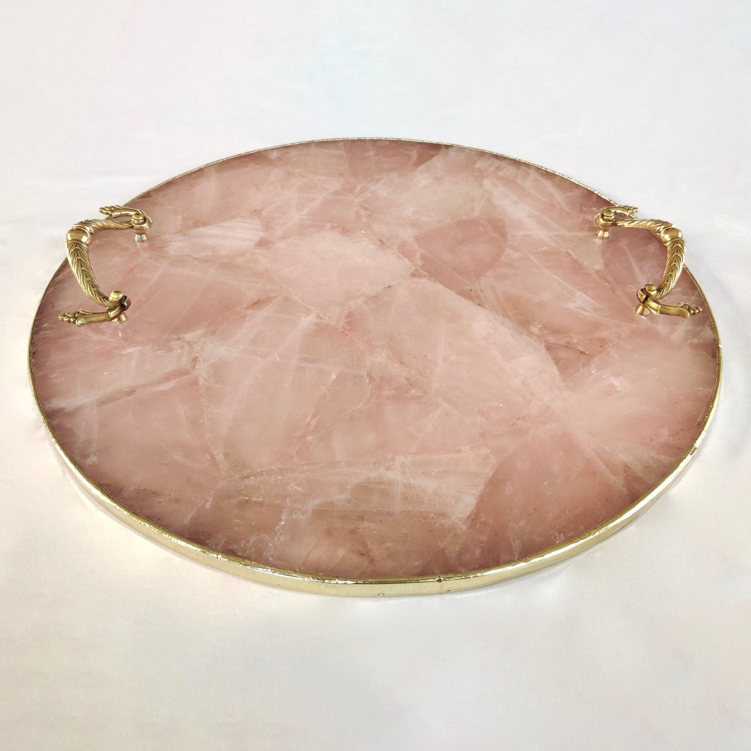 Rose Quartz Agate | Serving Tray With Brass Handles | Circular |-1