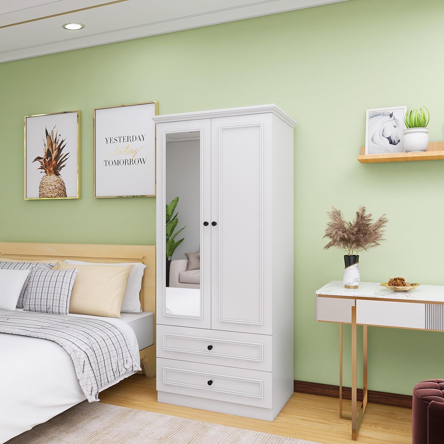 White Wooden Armoire Wardrobe – 2-Door Closet with Mirror, Hanging Rods, Drawers & Shelves for Bedroom