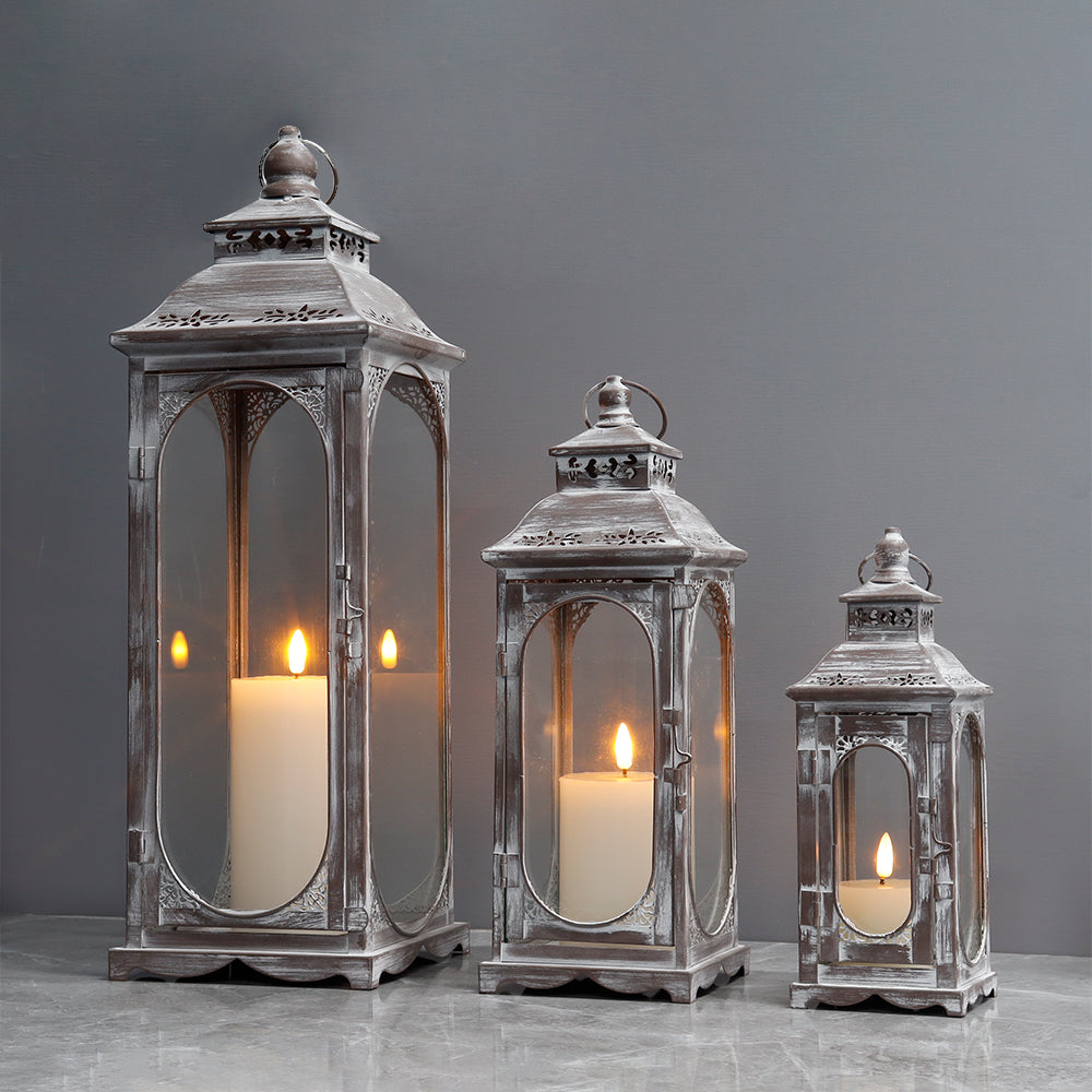 Set of 3 Decorative Vintage Candle Lanterns 10/14/19.5''H(Cement Grey)-1