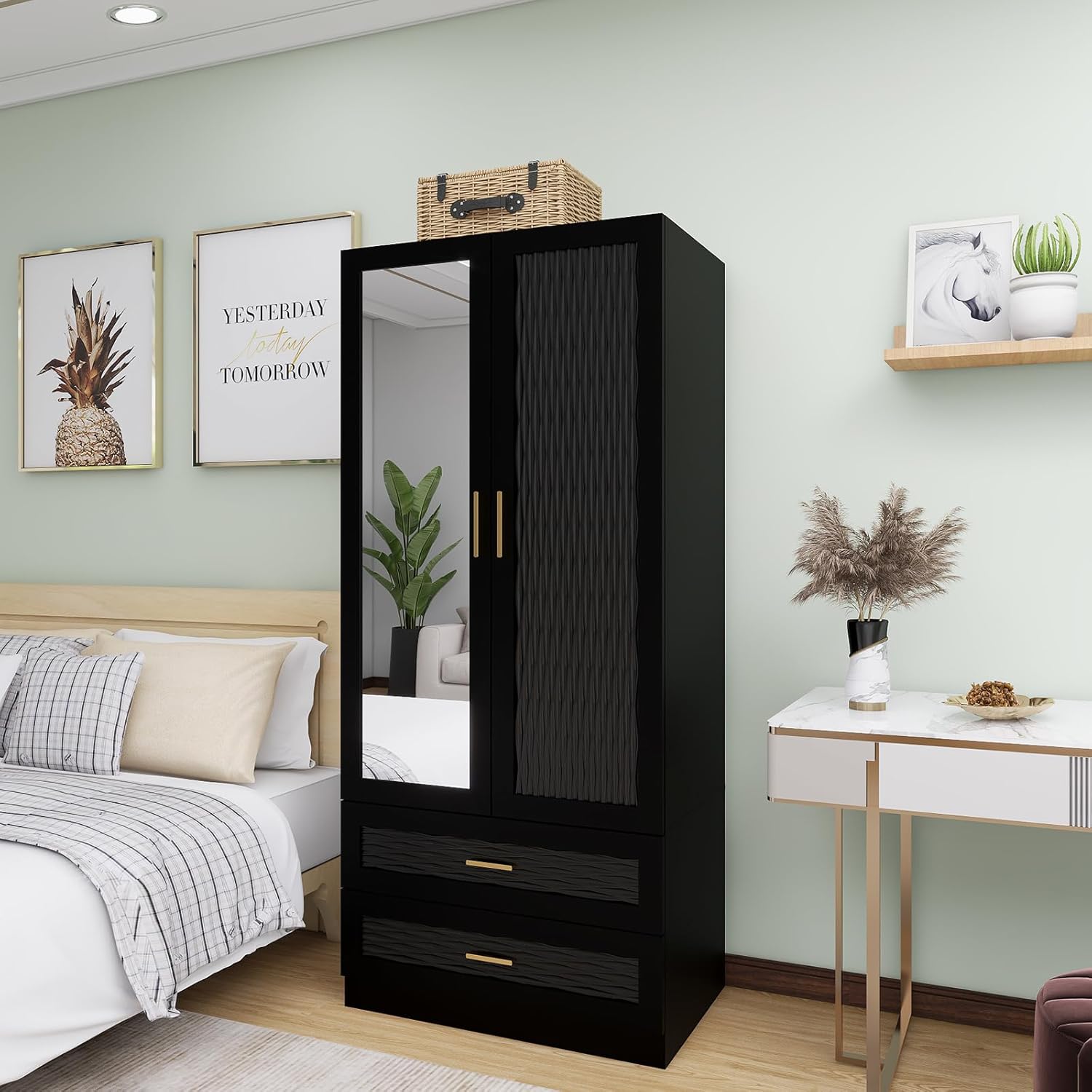 Modern Black Wooden Armoire Wardrobe with Mirror, 2 Doors, Drawers & Shelving | Large Capacity Closet for Bedroom