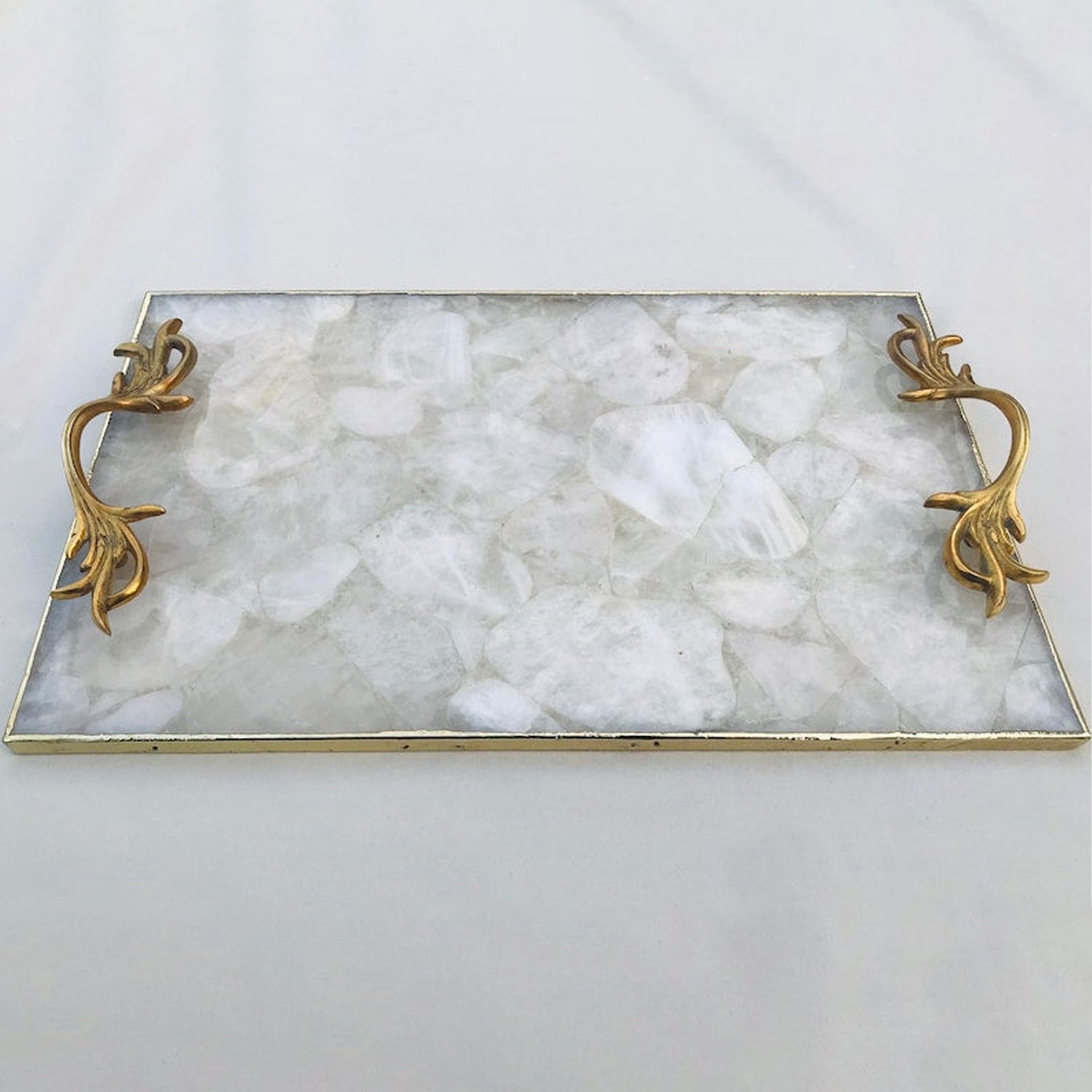 White Agate Serving Tray With Brass Handles-1