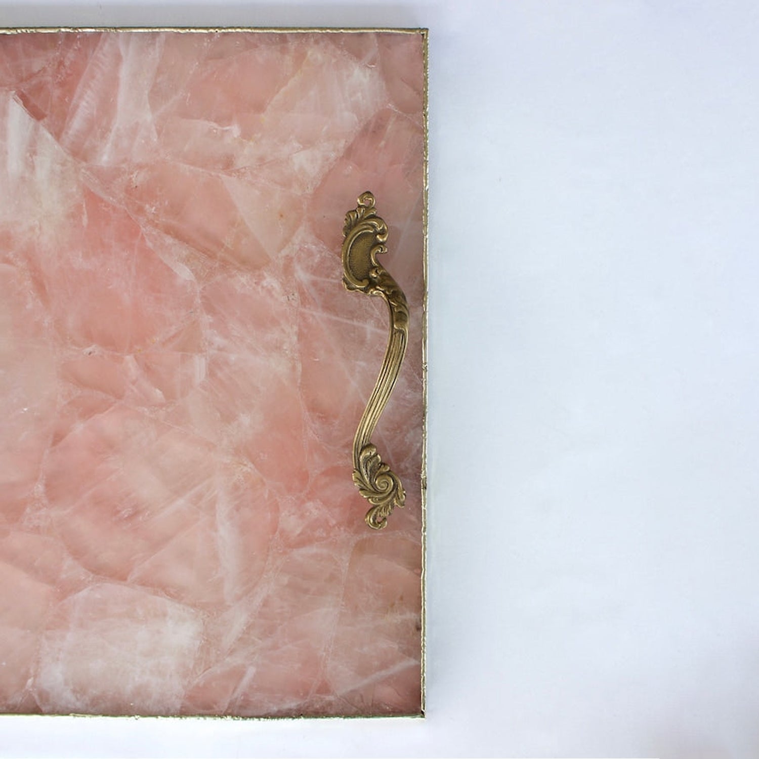 Rose Quartz Agate Serving Tray With Brass Handles | Square-2