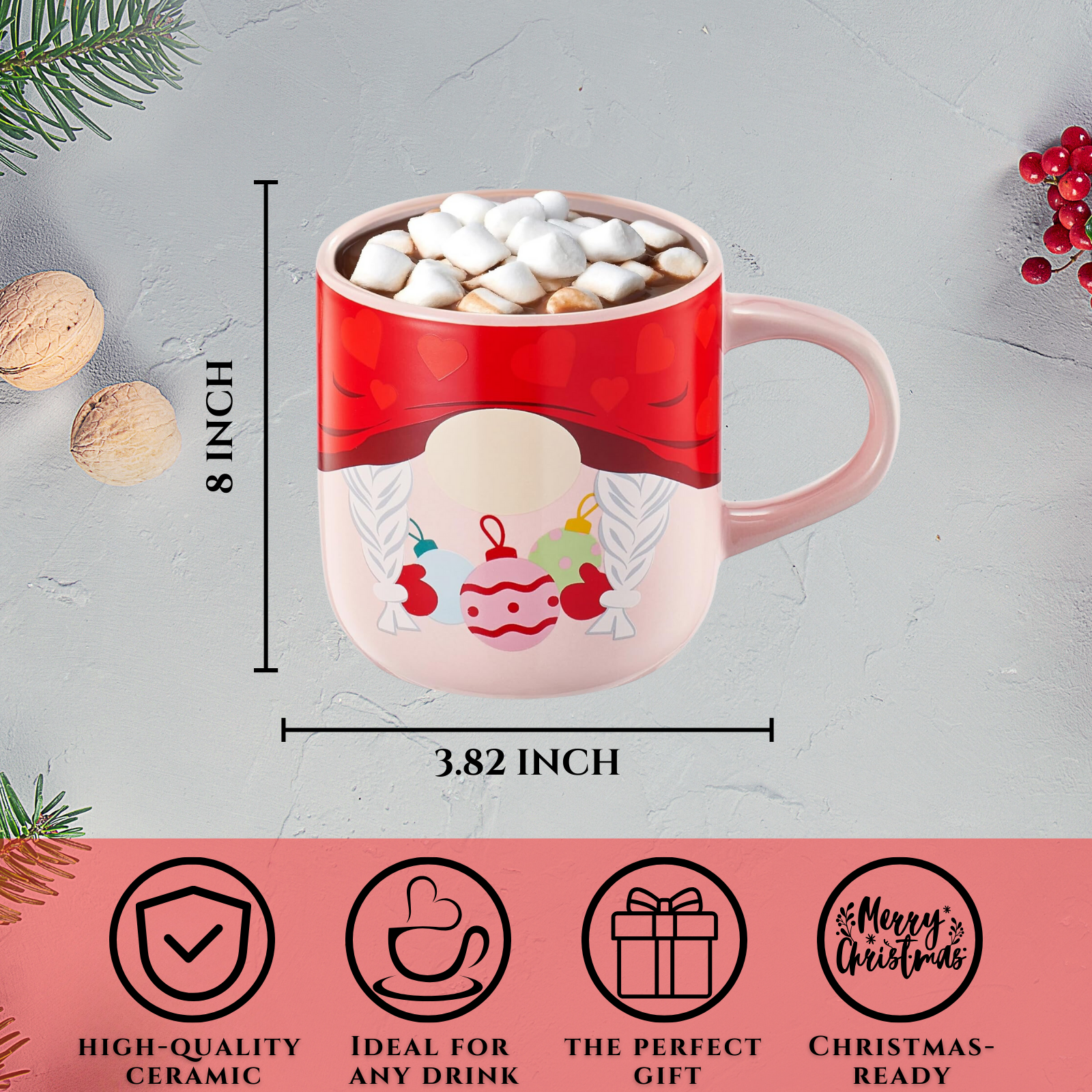 Mug With Hot Cocoa Mix & Marshmallows - Delicious Double Hot Chocolate Mix Filled with Marshmallow - Kids Fun Gift Holiday Santa Elves Christmas, Ceramic Childrens Eggnog Festive Gifts, Red Elf Mug-2