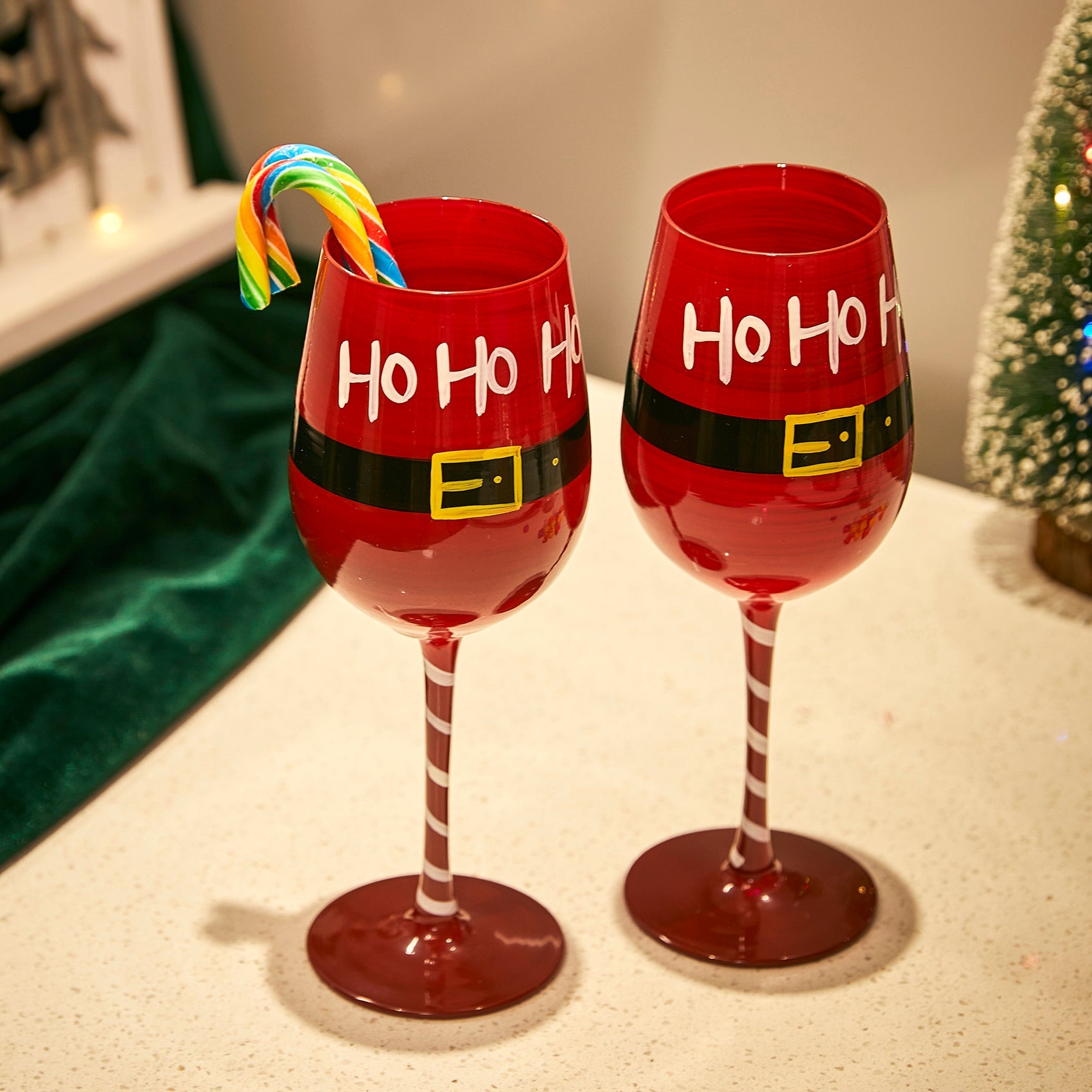 Ho Ho Ho Santa's Christmas Stemmed Wine & Water Glasses - Set of 2 - HoHoHo, Red & Black, 9" H - Holiday Parties Glassware - Xmas Tree - Set of 2, 17.5oz - Merry Christmas Santa Festive Glass-2