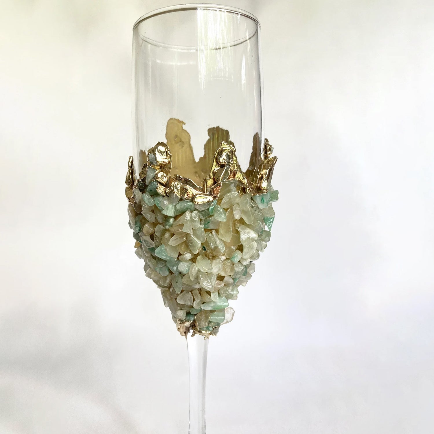 Set of 2 |Crystal Wine/Champagne Glasses with Gold Plated Light Green Agate/Quartz Semi-precious Crystals | 7 oz/215 ml-1