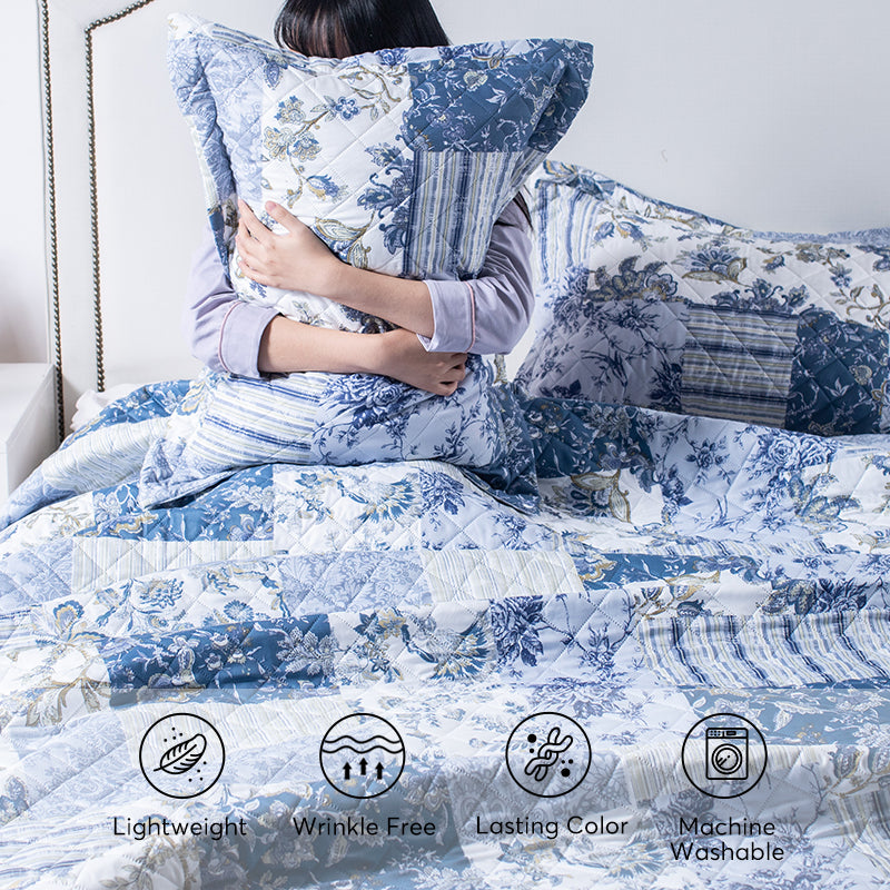 Kasentex Vintage Blue Patchwork Floral Quilt Set - All Season Bedding, Room Decor, Graduation Gifts