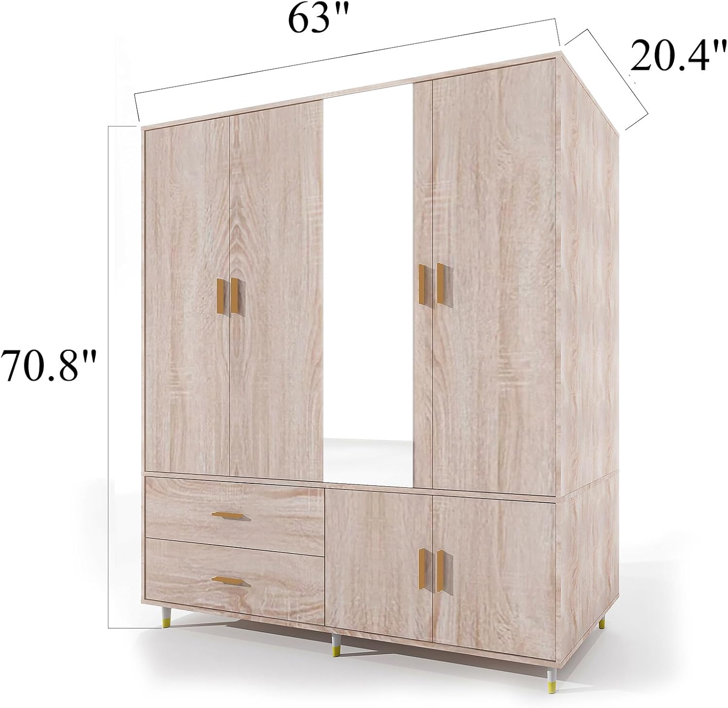 Oak Wooden Armoire Wardrobe – 4-Door Storage Cabinet with Mirror, Hanging Rods, Drawers & Shelves