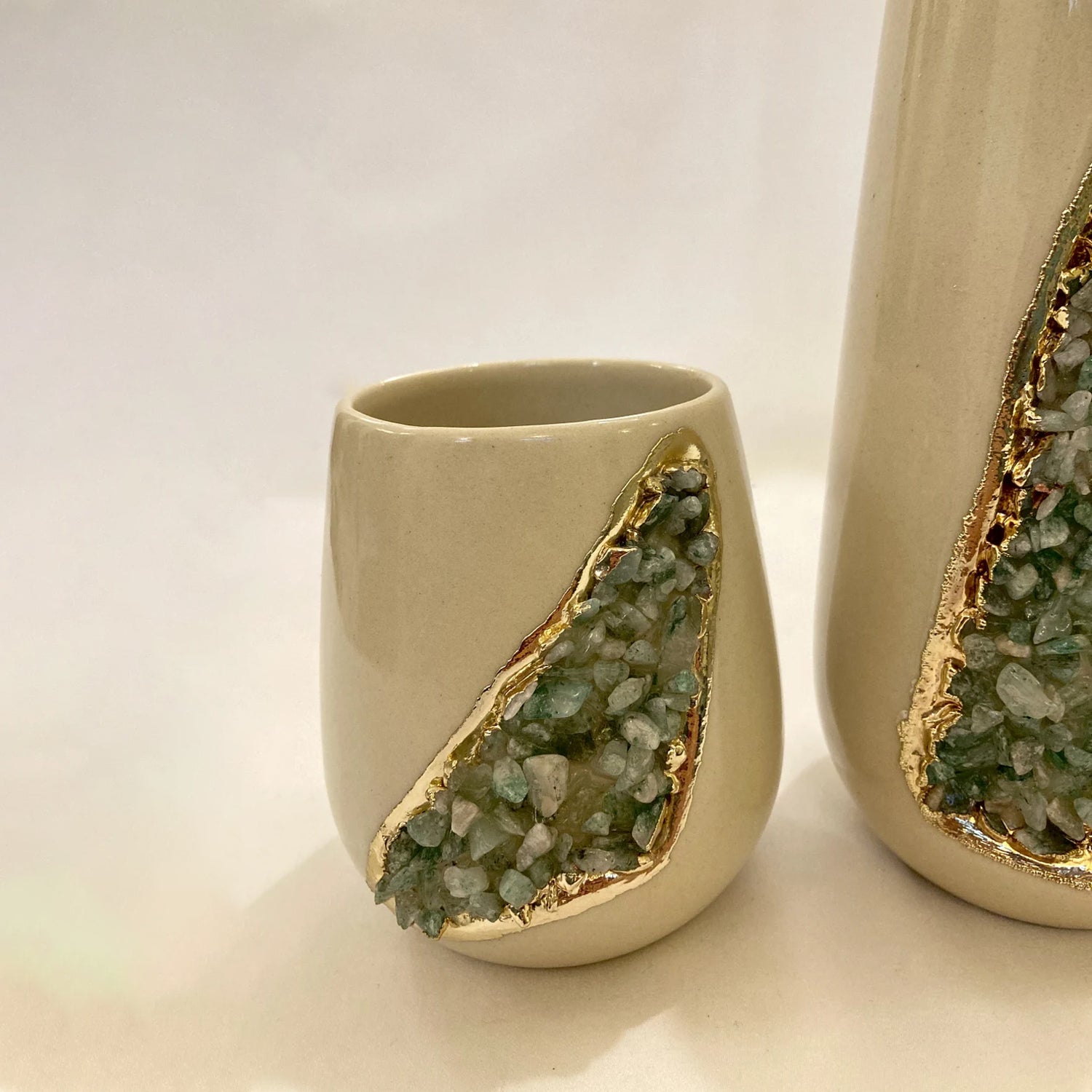 Cream and Gold Ceramic Vase/Planter/Pot/Wine Goblet/Mug with Light Green Semi-precious Agate Crystal Gemstones-1