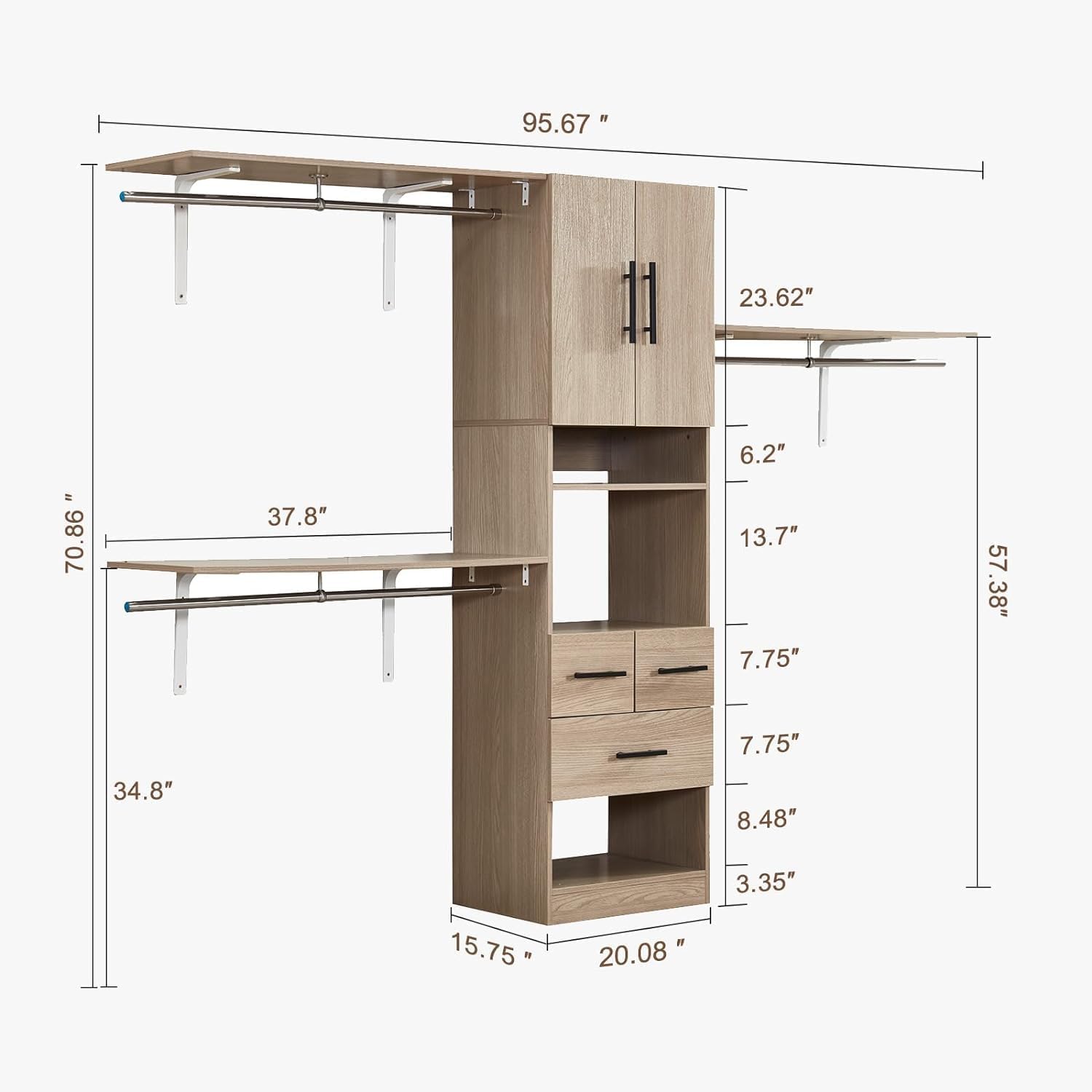 8FT Brown Built-In Closet System with 3 Drawers, 2 Doors, Shelves, Towers & Hanging Rods – Wood Organizer for Bedroom Storage