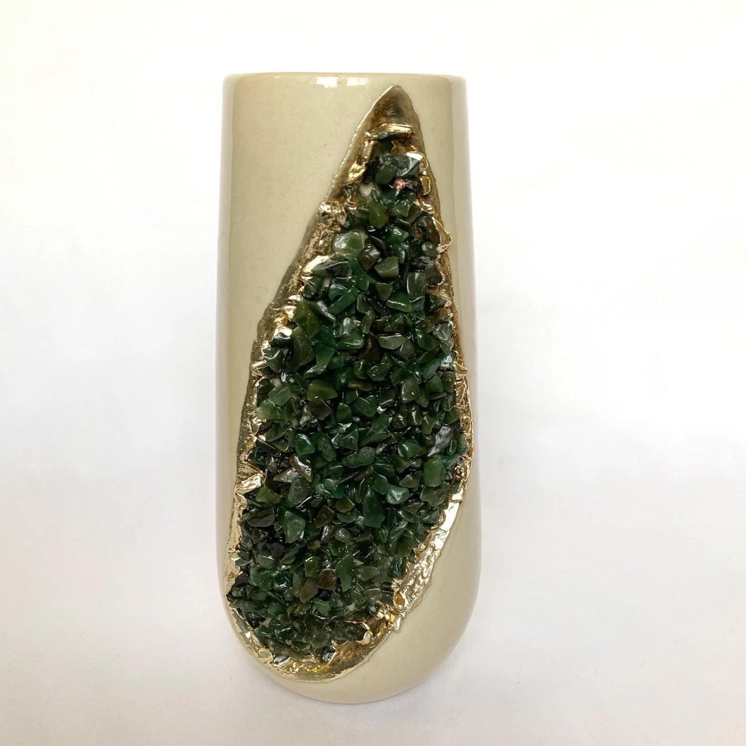 Cream and Gold Ceramic Vase/Planter/Pot/Wine Goblet/Mug with Green Semi-precious Agate Crystal Gemstones-1