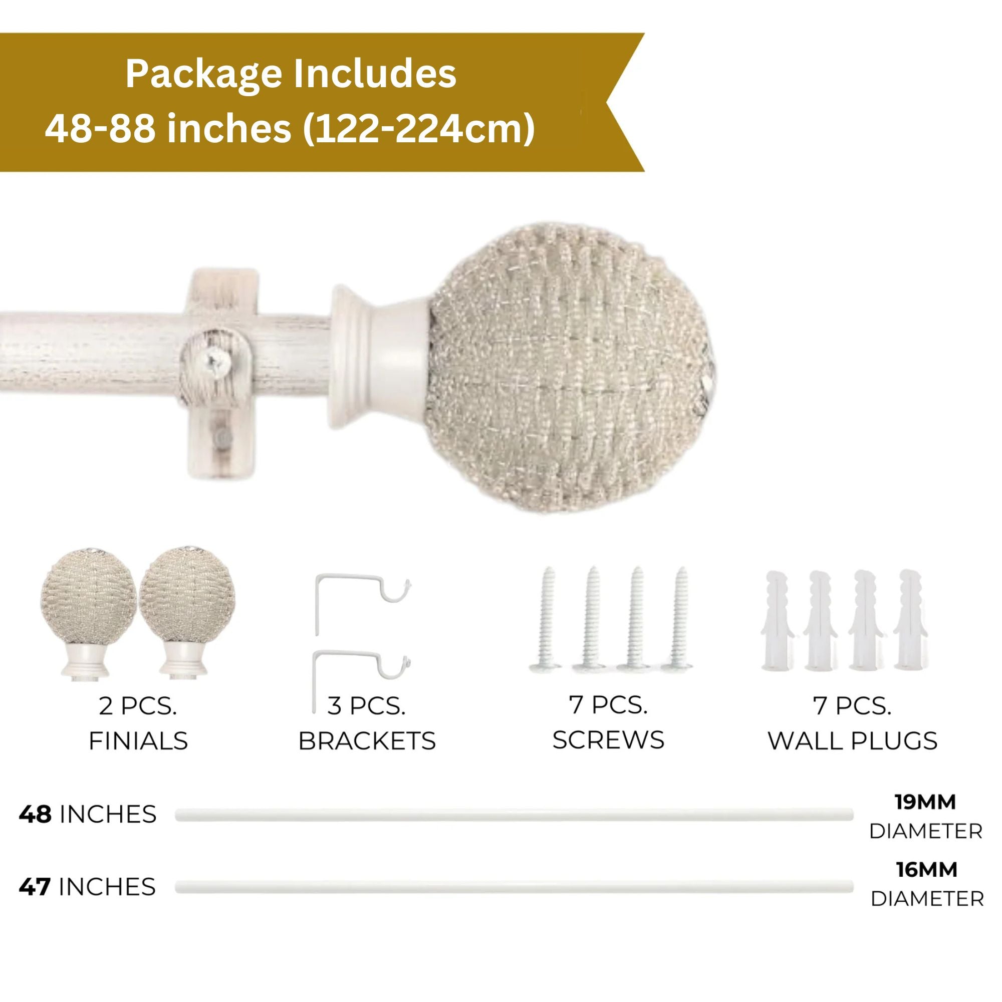 Extendable Curtain Pole White | Rod With Beaded Finials |  61-366cm | All Fittings Included-3