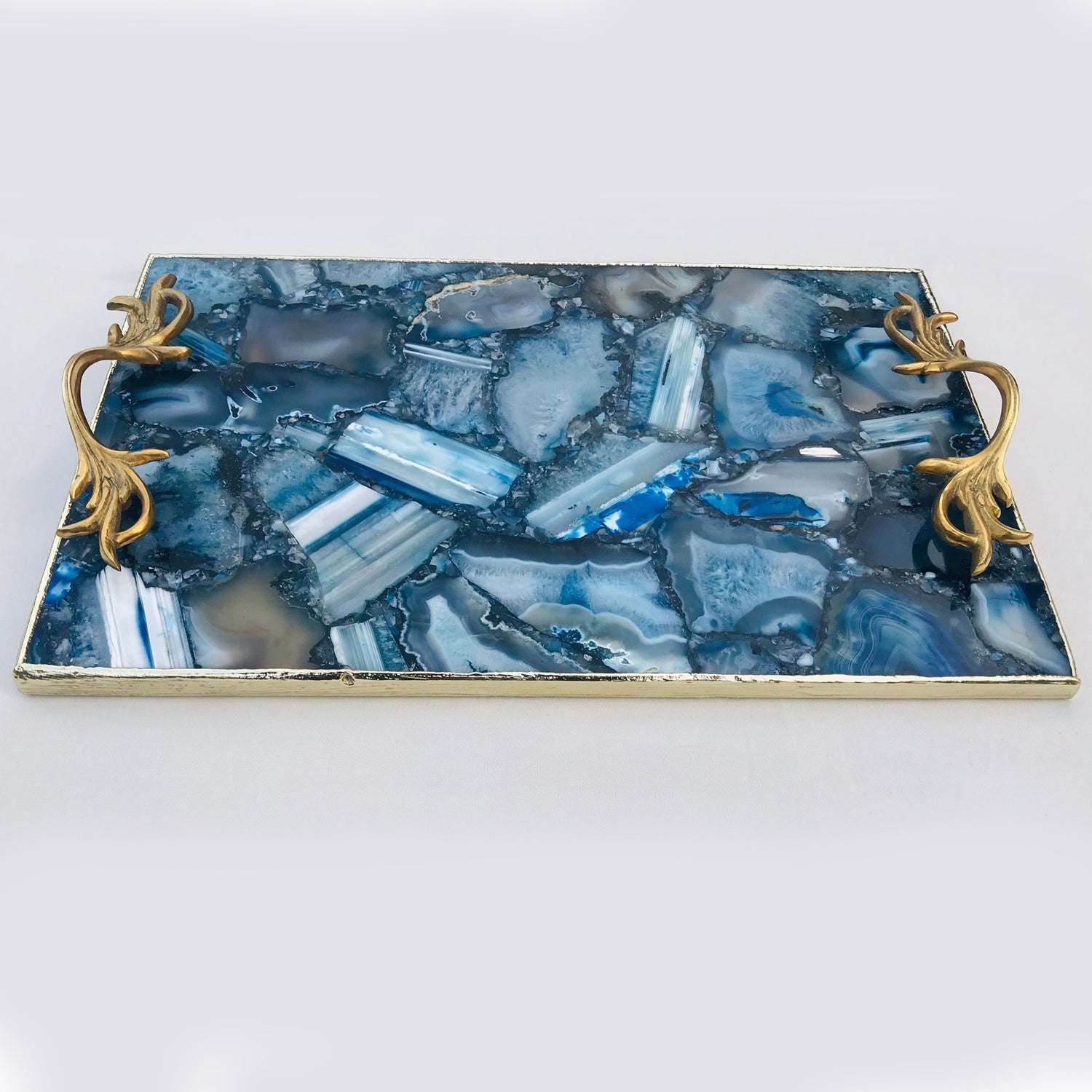 Blue Agate  Serving Tray With Brass Handles-1