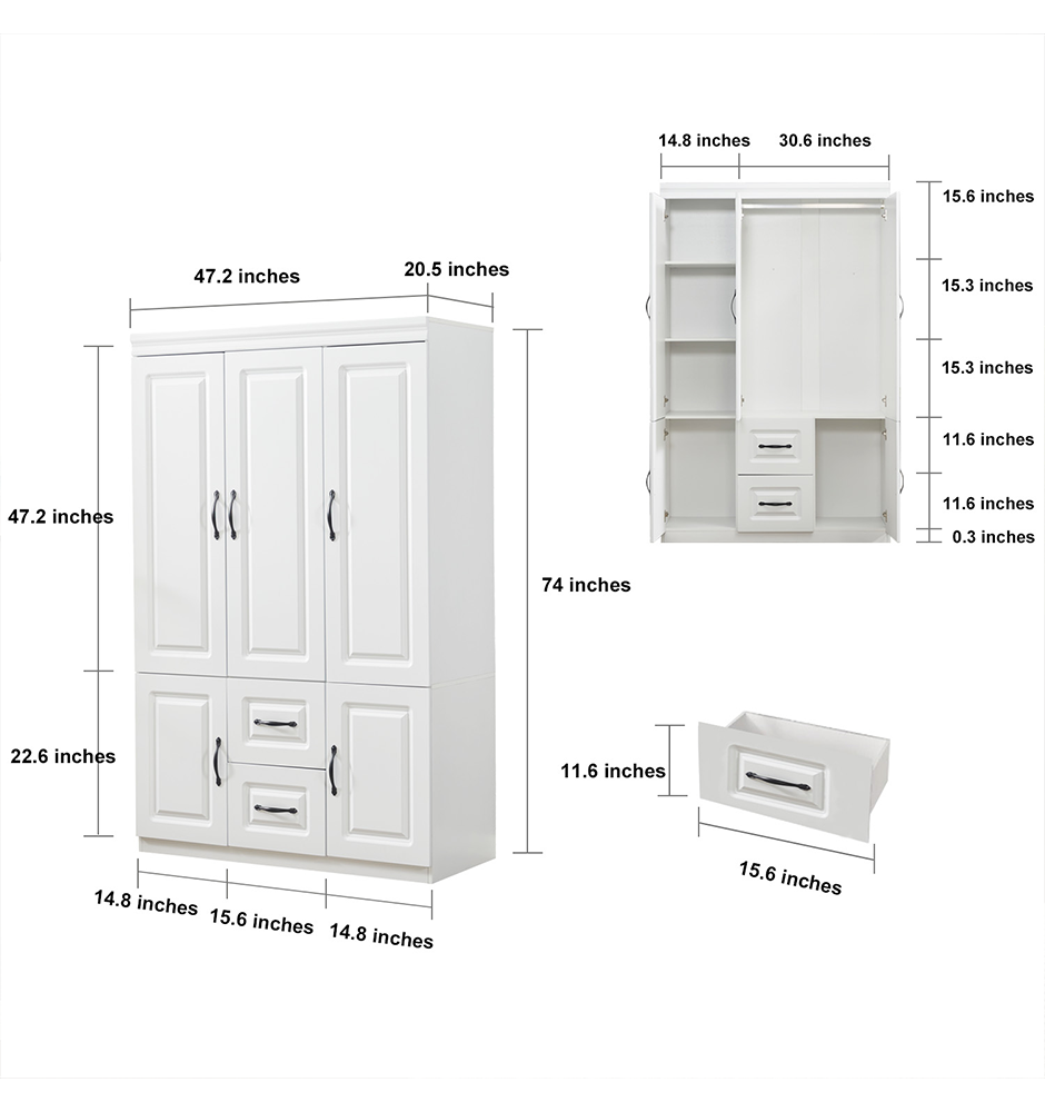 74'' White Armoire Wardrobe Closet with 3 Doors, Shelves, Hanging Rod & Drawers - Wood Storage Cabinet for Bedroom